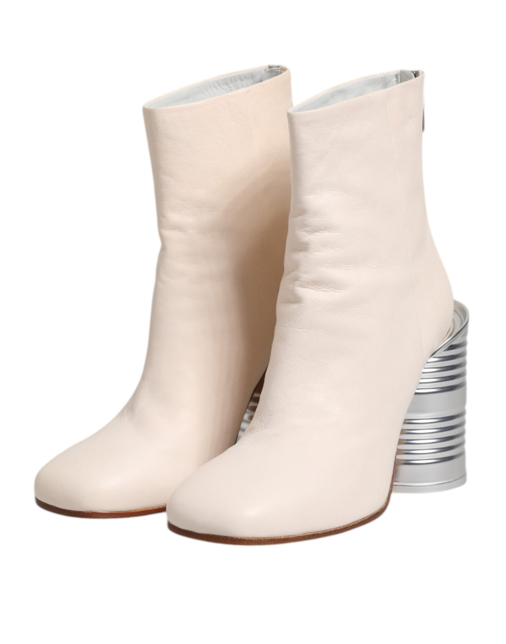 White Calf Leather Can Heel Boots Shoes