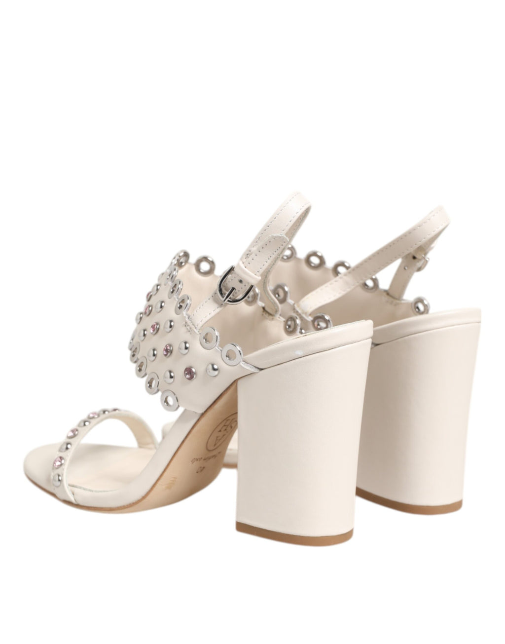 White Block Heeled Studded Quarter Strap Sandals Shoes