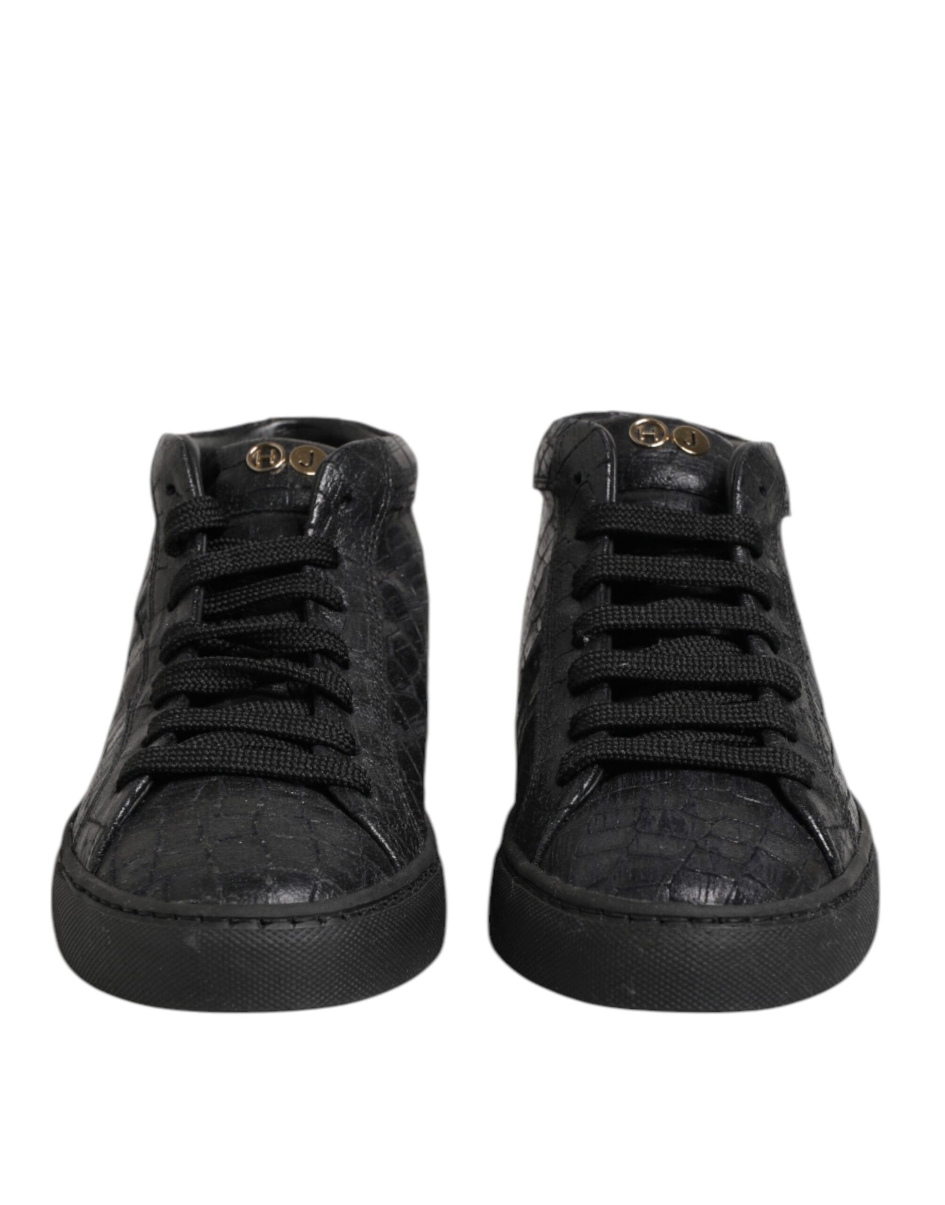 Black Leather Lace Up Mid Top Sneakers Shoes