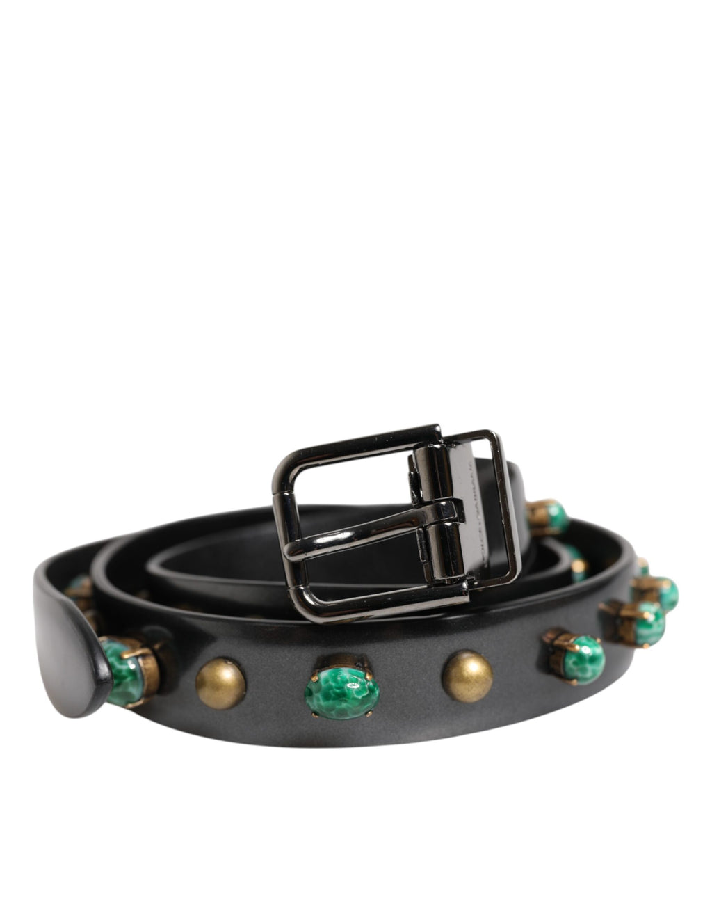 Black Leather Studded Silver Tone Buckle Belt