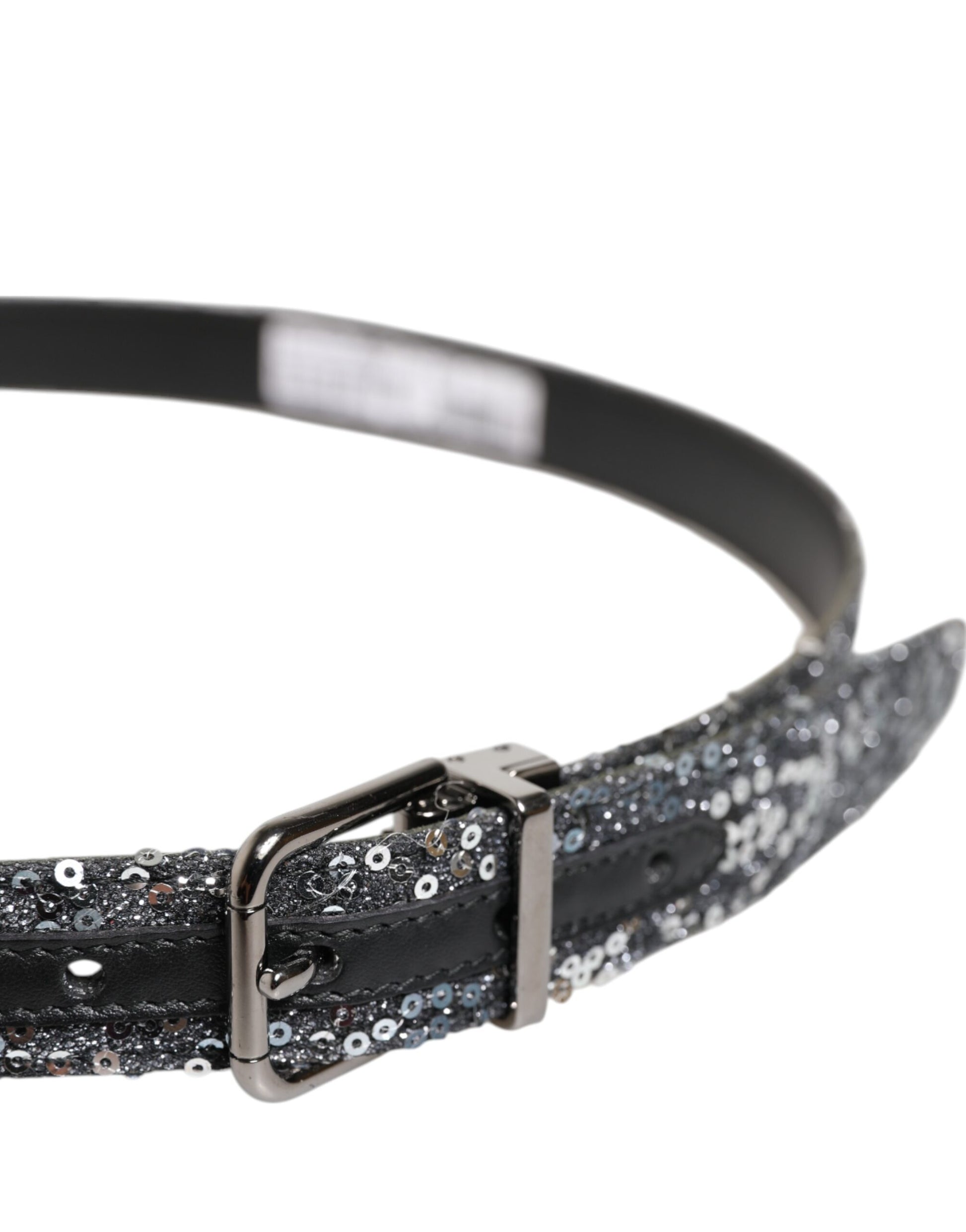 Black Sequins Silver Metal Logo Buckle Belt