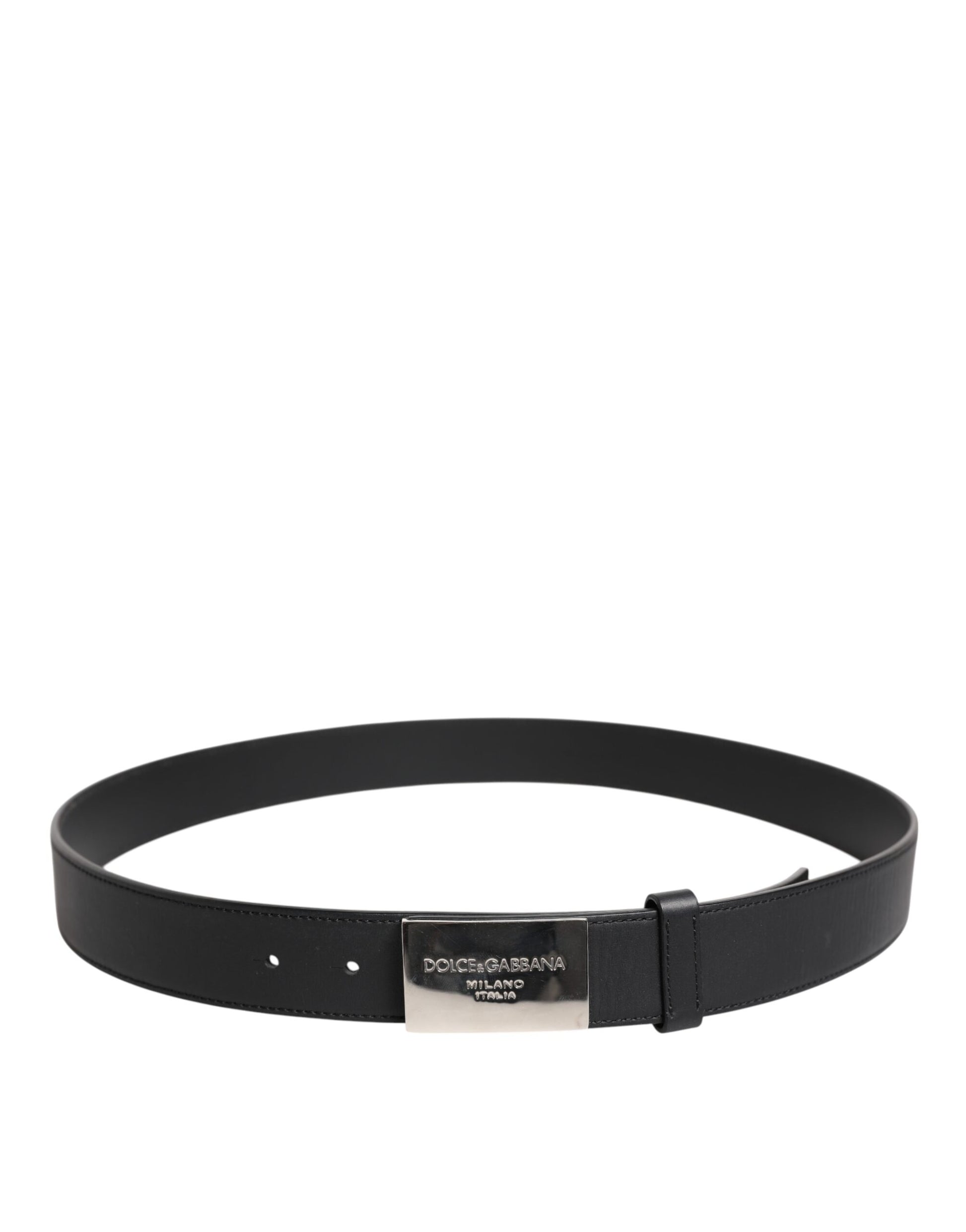 Black Leather Metal Logo Buckle Belt