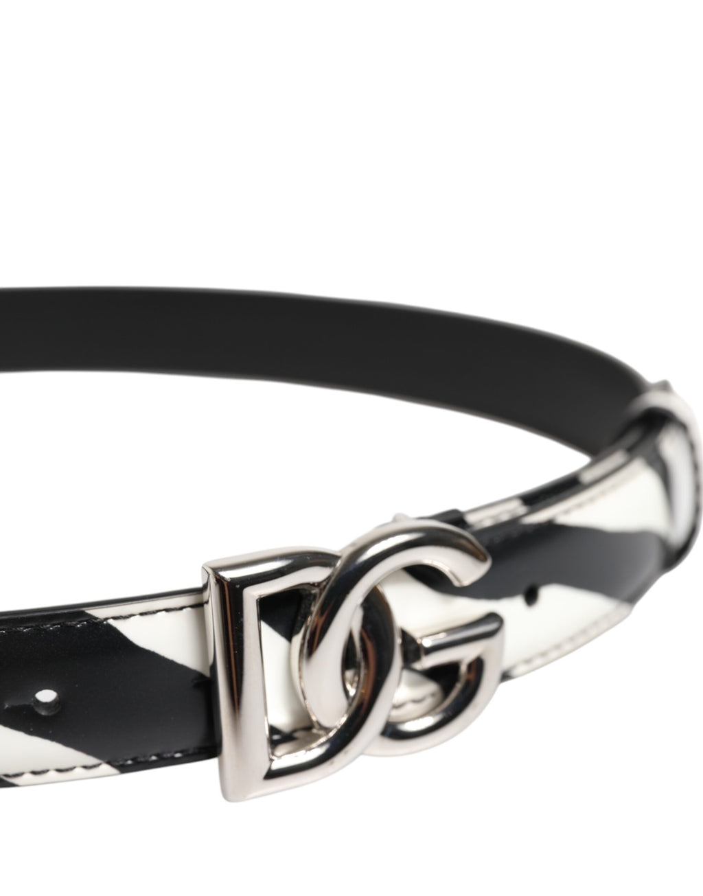 Black White Leather Silver Metal Buckle Belt