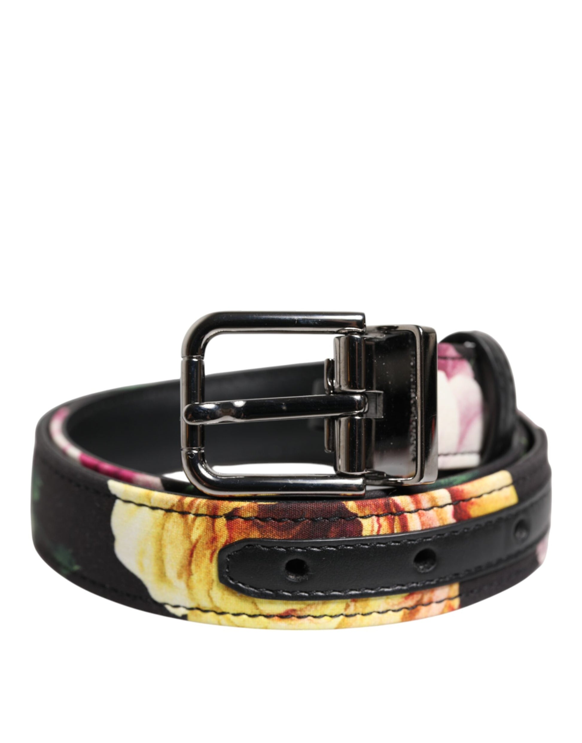 Black Floral Brocade Silver Metal Buckle Belt