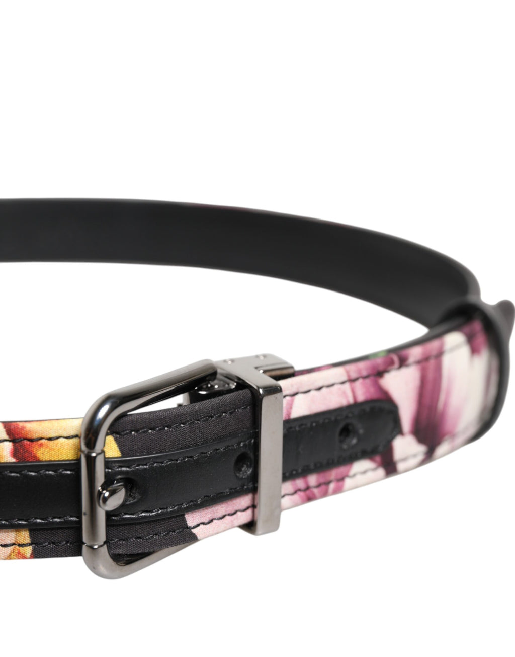 Black Floral Brocade Silver Metal Buckle Belt