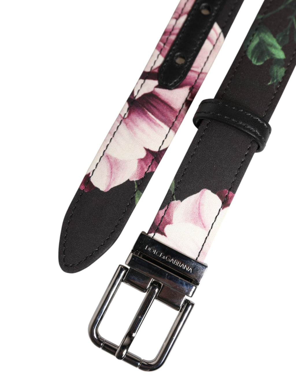 Black Floral Brocade Silver Metal Buckle Belt
