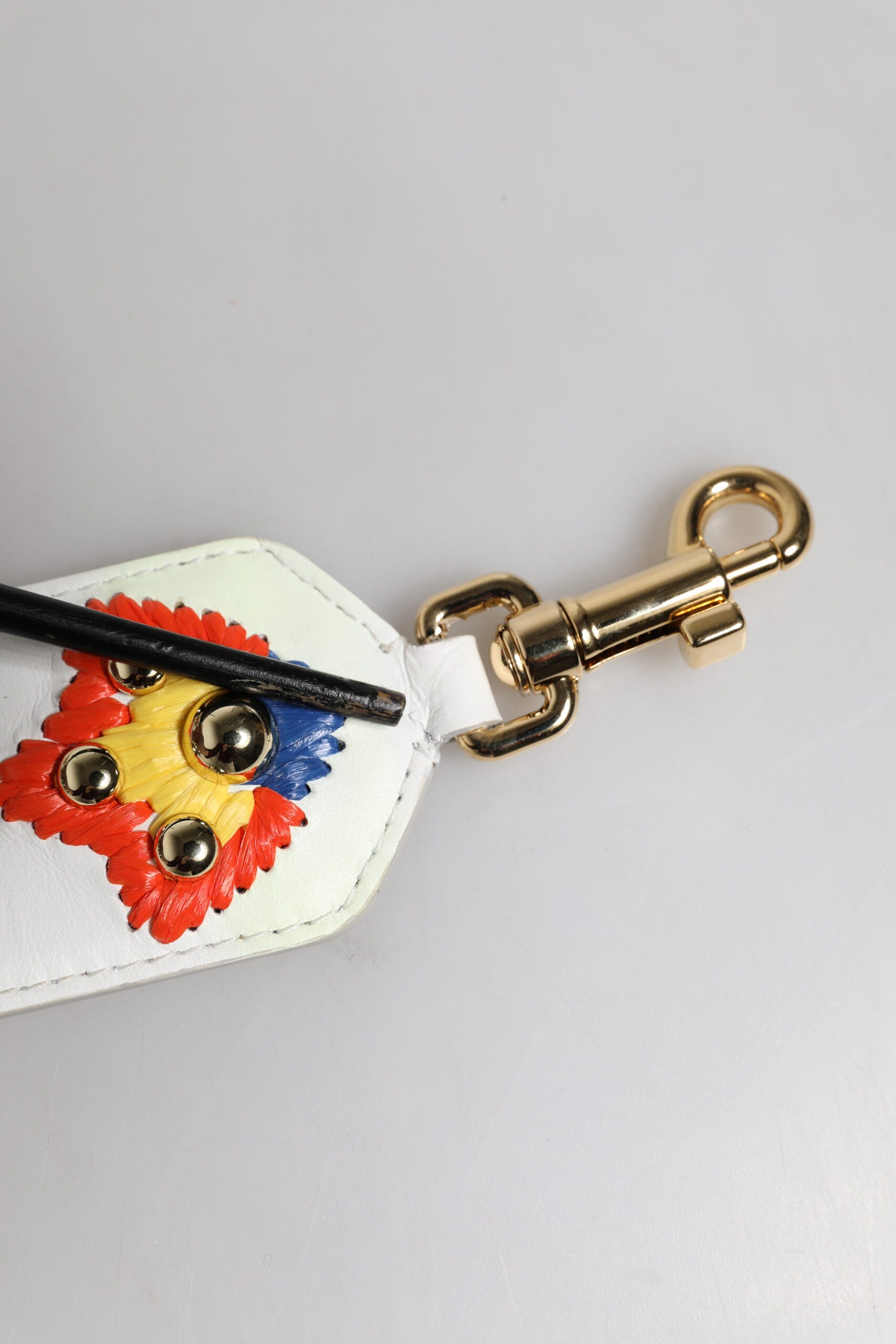 White Calfskin Raffia Embroidered Patchwork Shoulder Strap