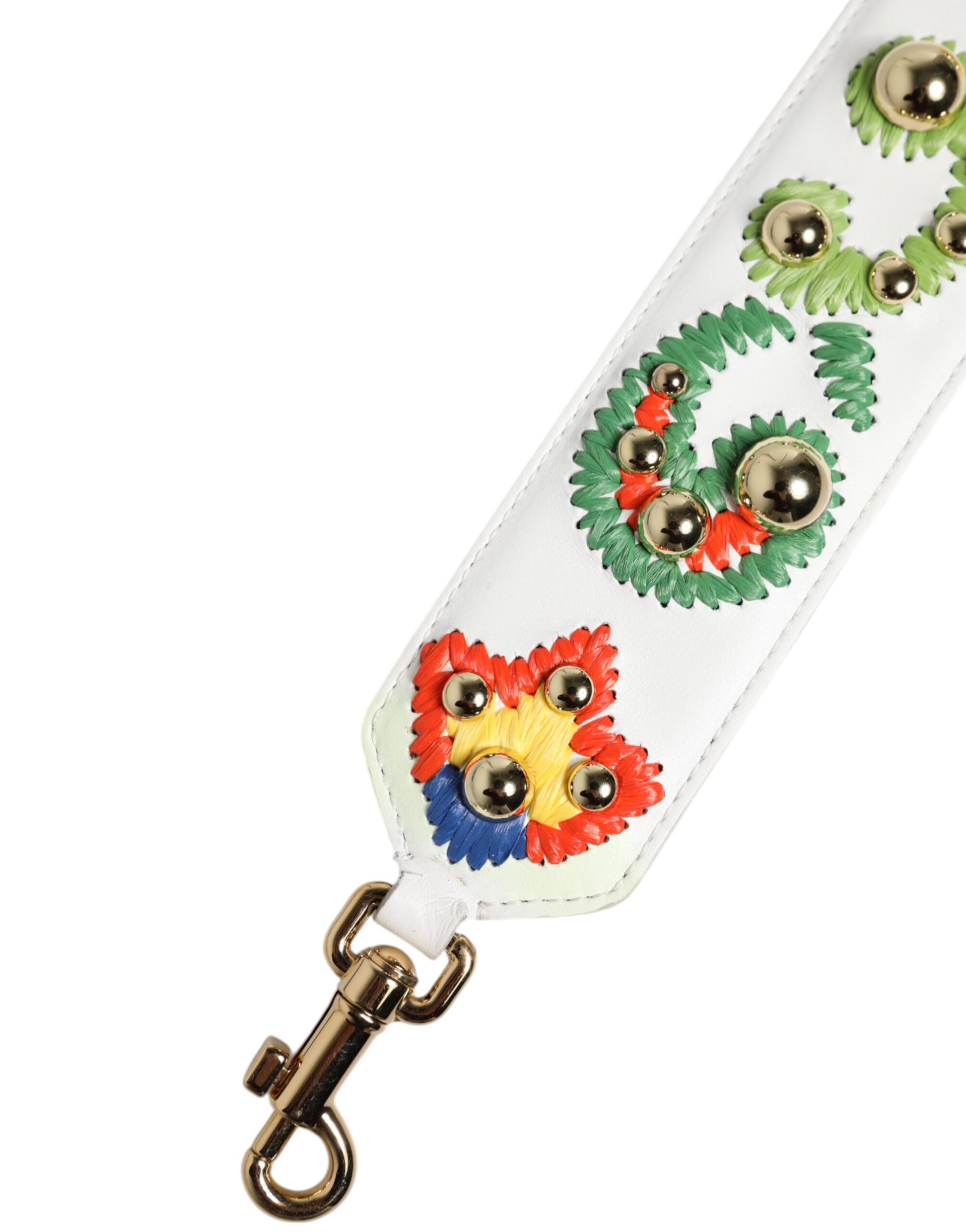 White Calfskin Raffia Embroidered Patchwork Shoulder Strap