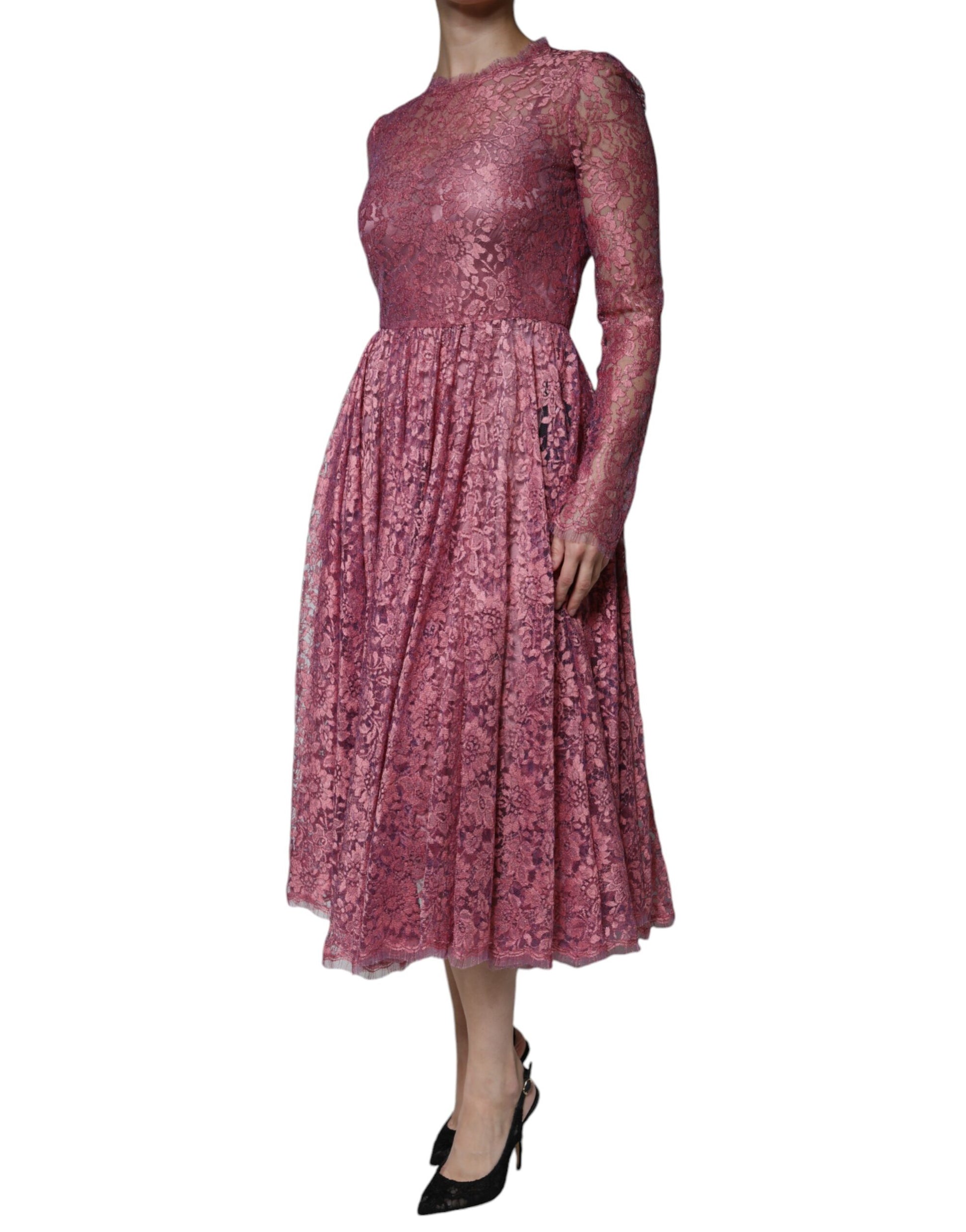 Pink Floral Lace Long Sleeve Midi Dress