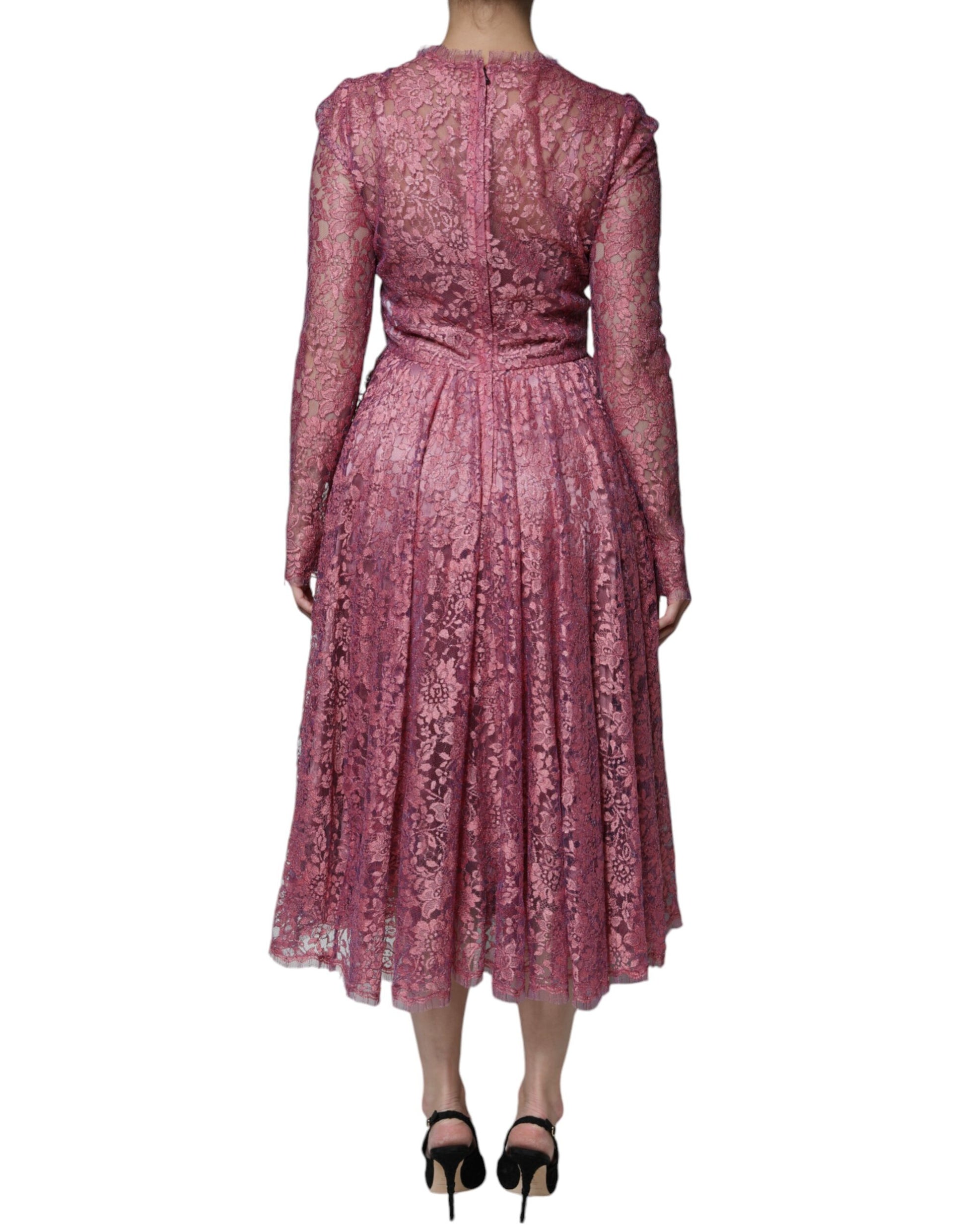 Pink Floral Lace Long Sleeve Midi Dress