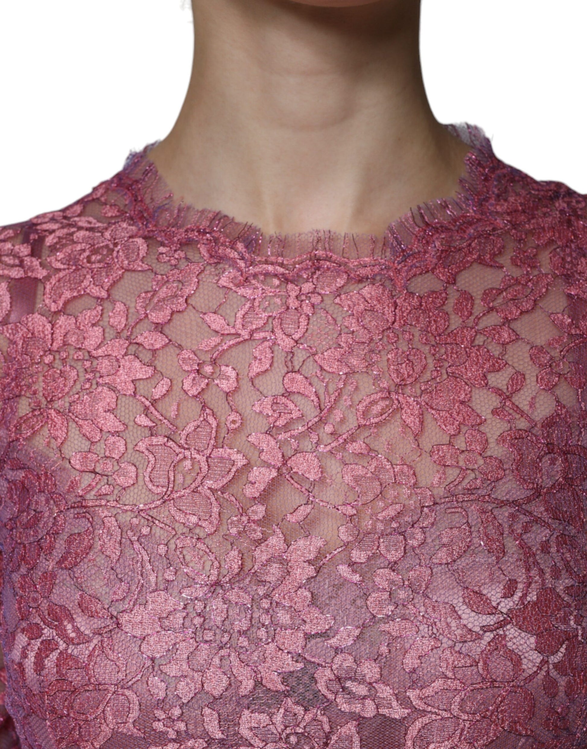 Pink Floral Lace Long Sleeve Midi Dress