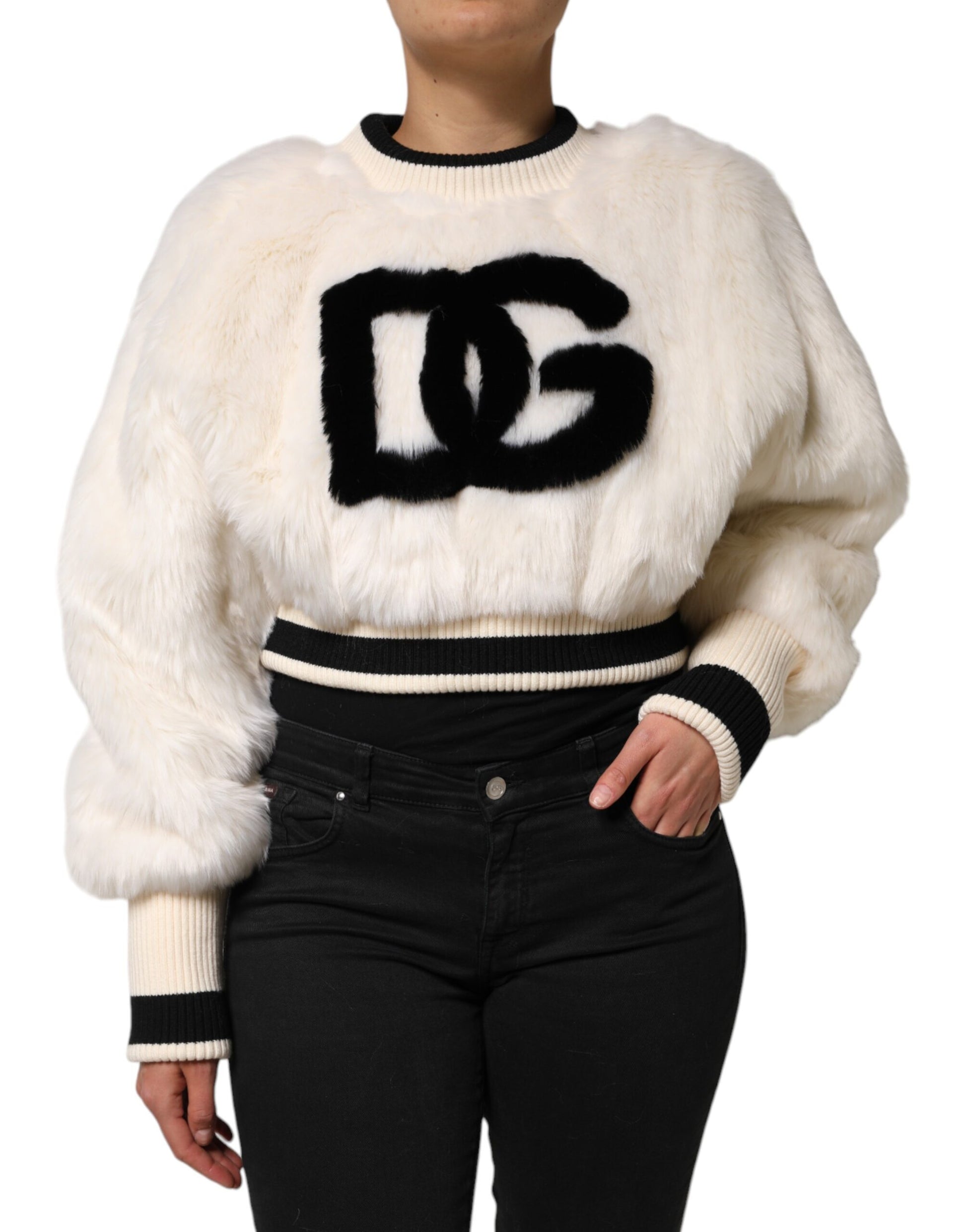 White Cropped Faux Fur DG Sweatshirt Sweater