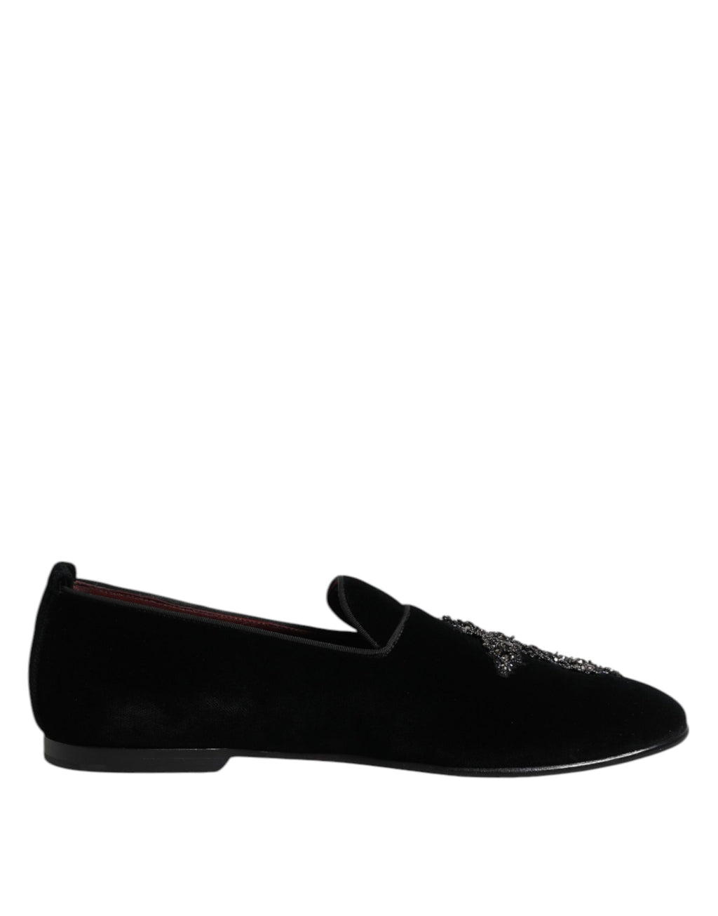 Black Velvet Embellished Loafer Slip On Shoes