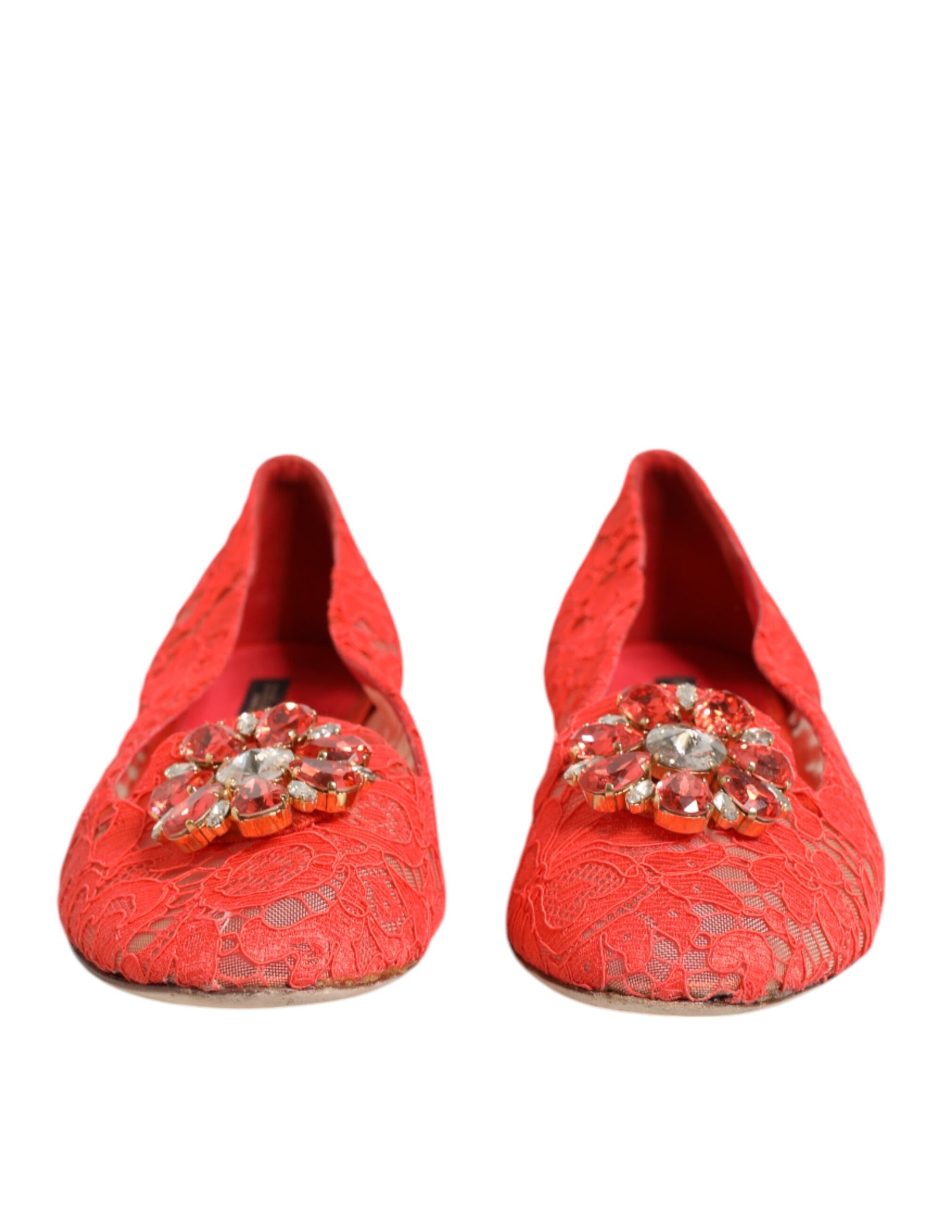 Orange Lace Crystal Ballet Flats Loafers Shoes