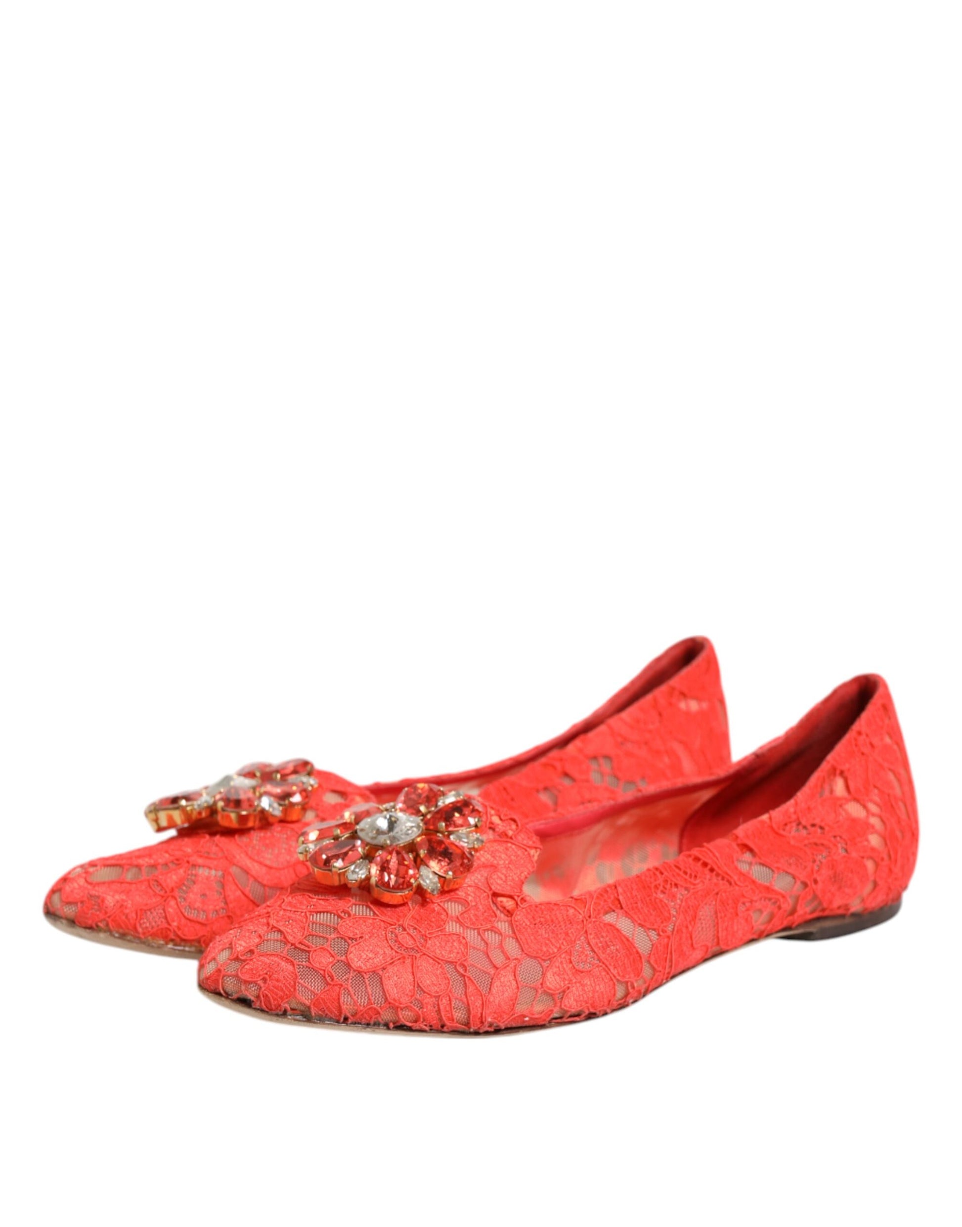 Orange Lace Crystal Ballet Flats Loafers Shoes