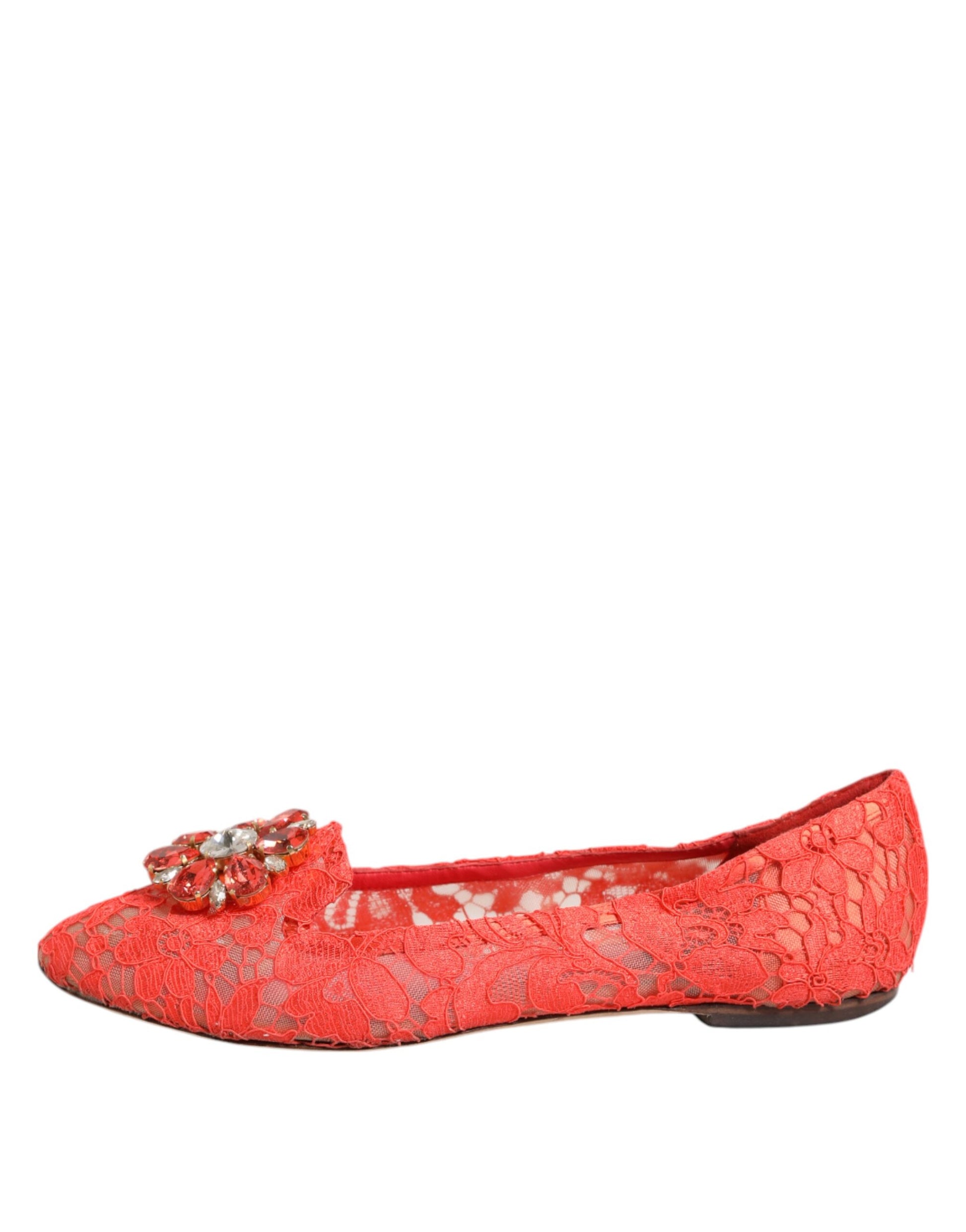 Orange Lace Crystal Ballet Flats Loafers Shoes
