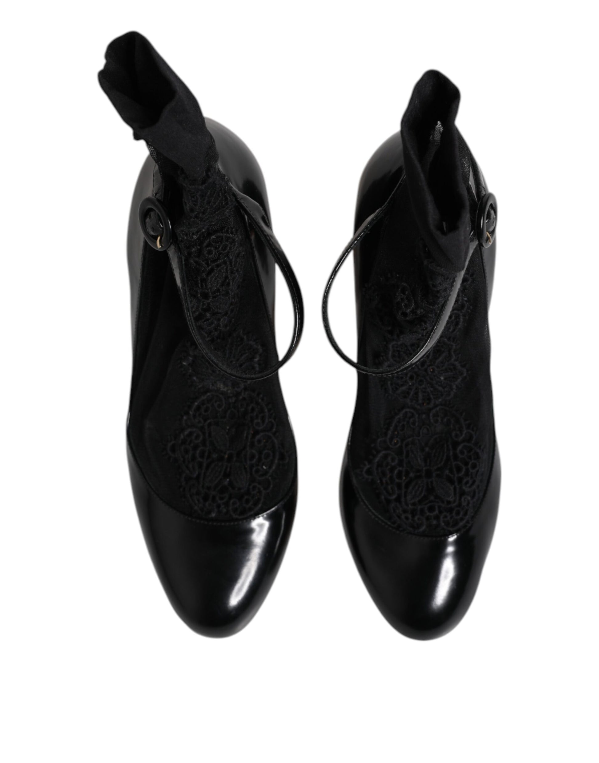 Black Leather Lace Socks Heels Pumps Shoes