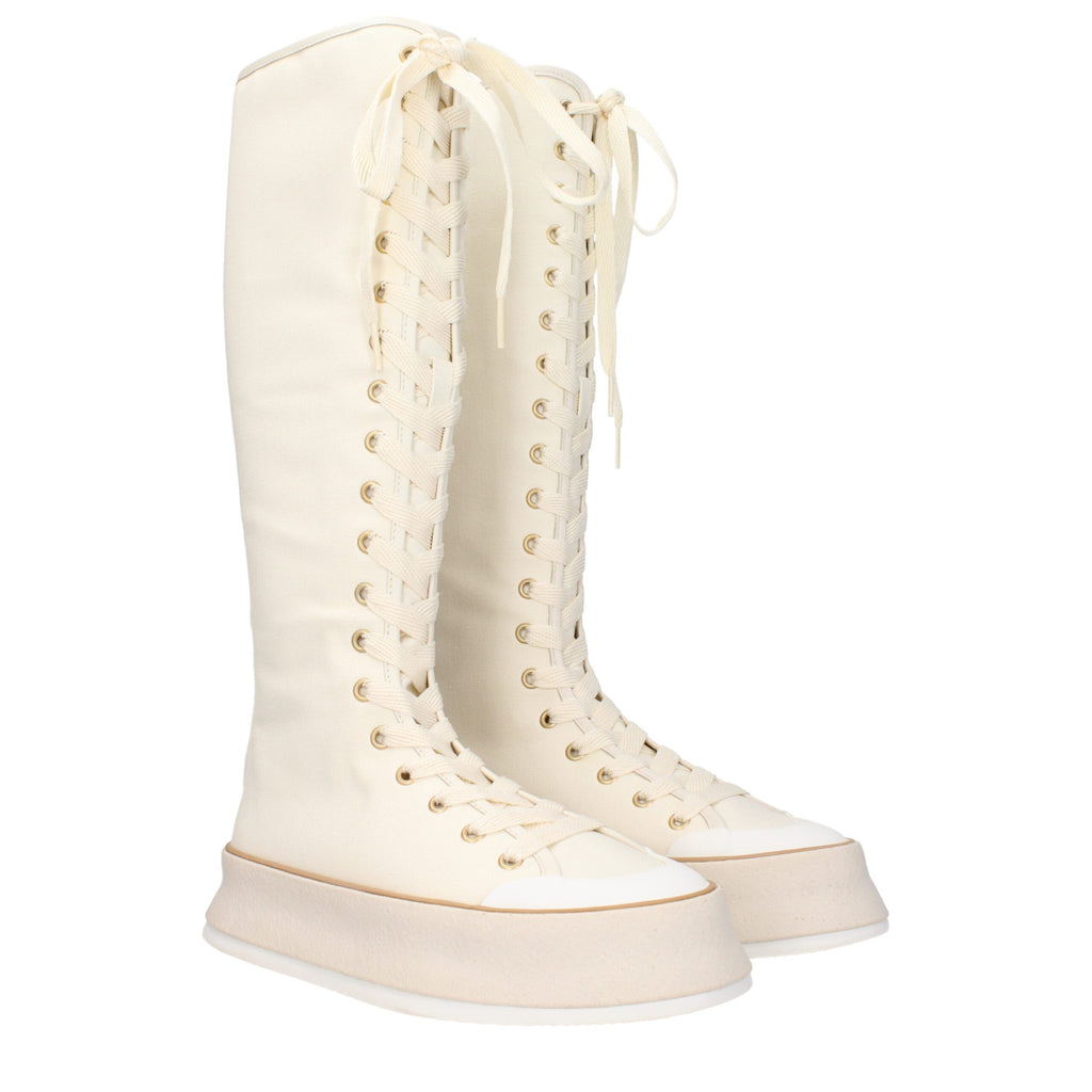 Beige Fabric Lace-Up Boots