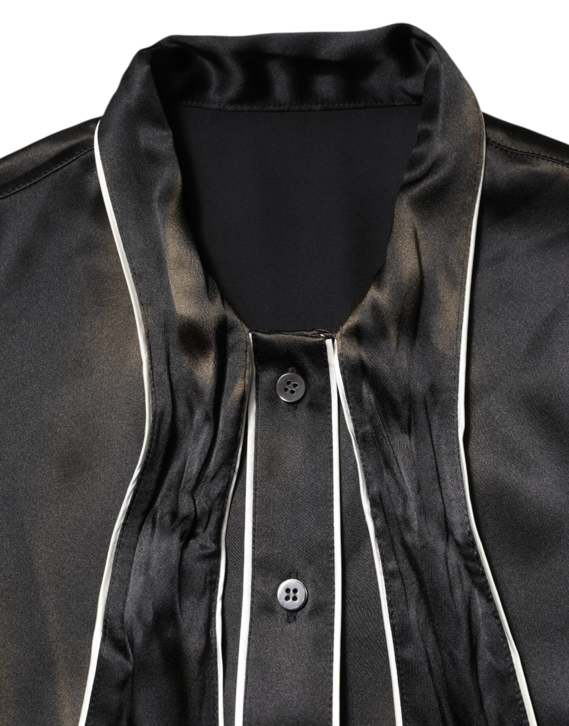 Black Silk Ascot Collared Button Blouse Top