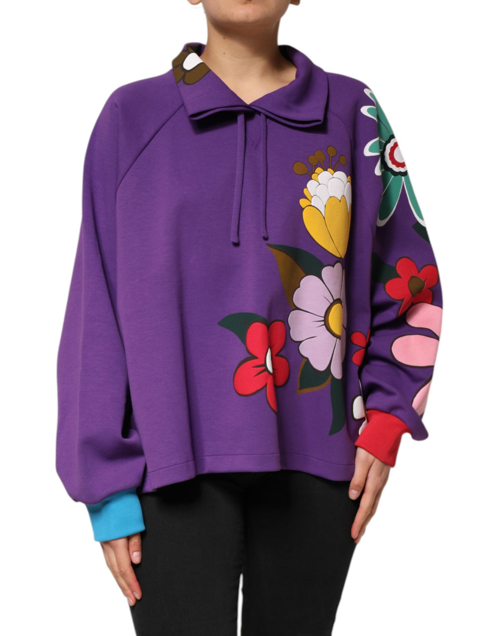 Purple Floral Print Cotton Long Sleeves Top