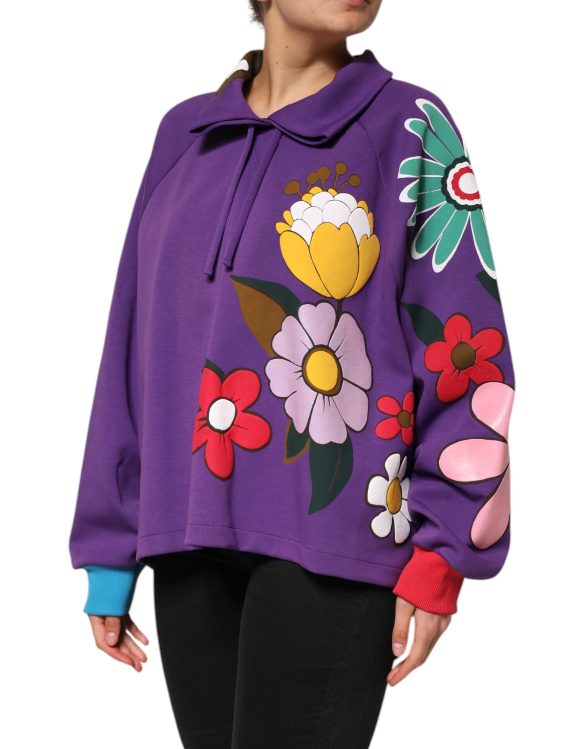 Purple Floral Print Cotton Long Sleeves Top