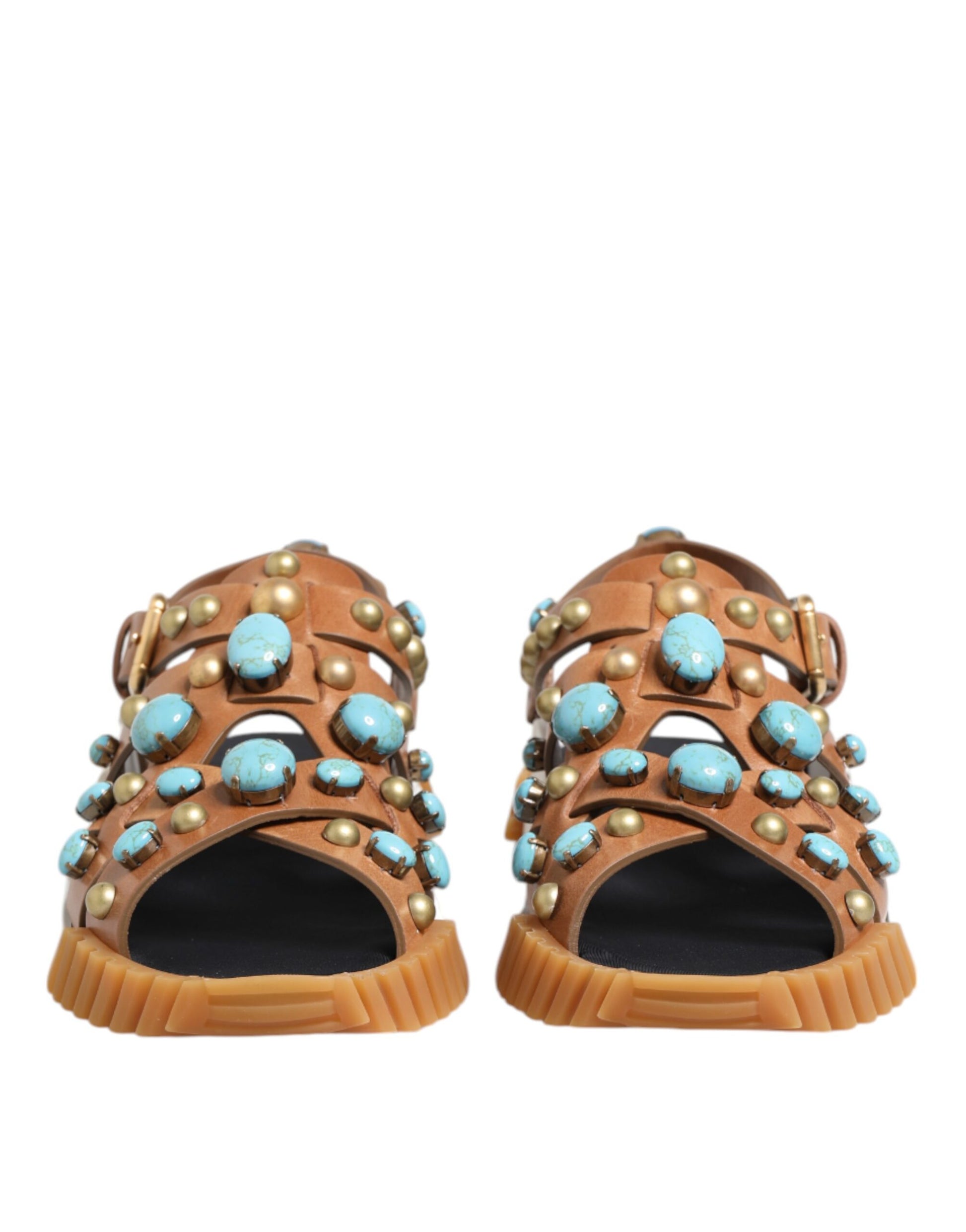Brown Leather Studded Slides Sandals Shoes