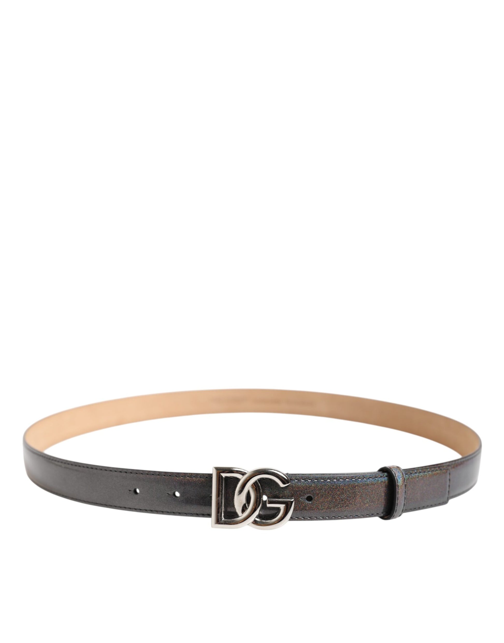 Metallic Leather Silver Tone Logo Buckle Belt