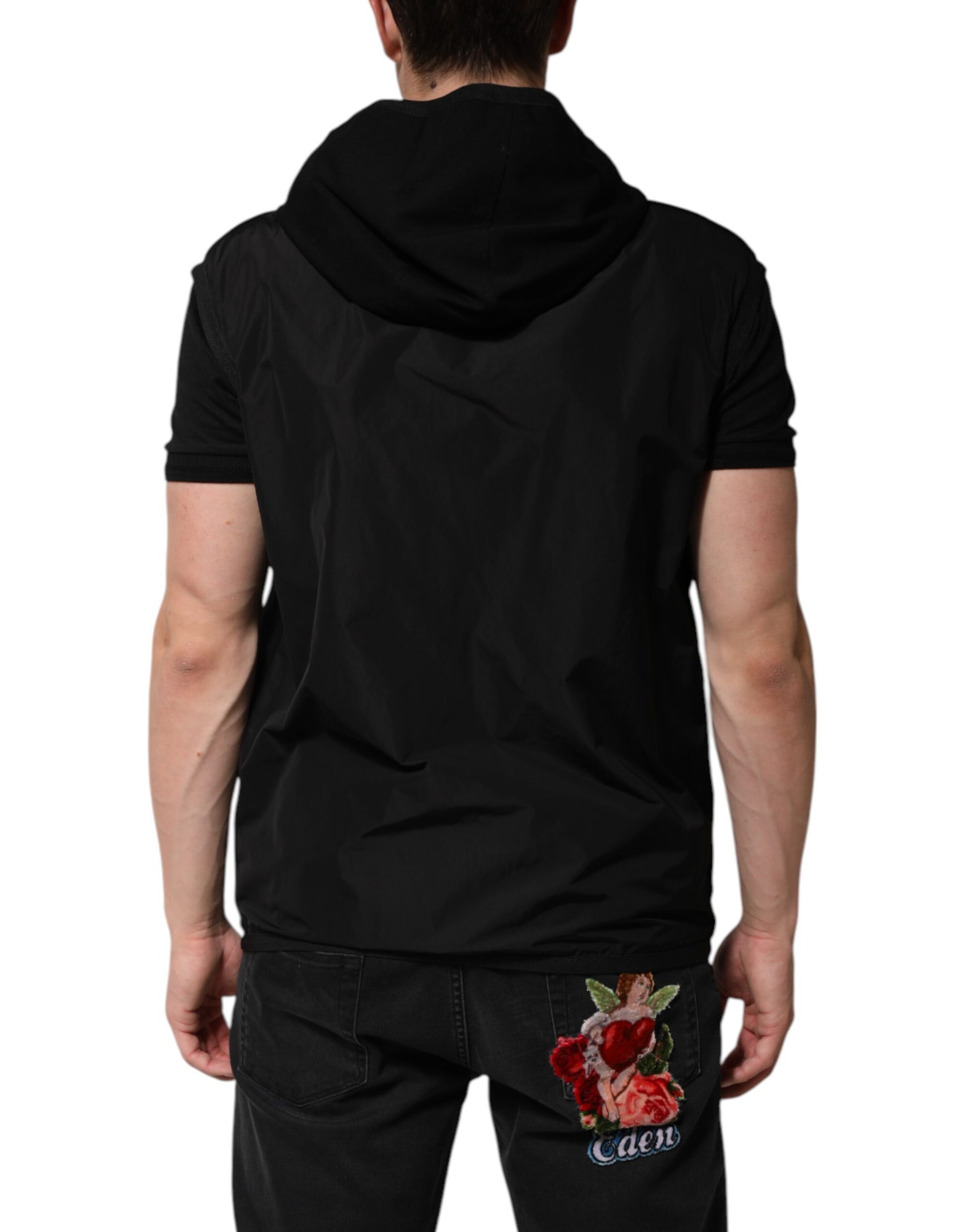 Black Sleeveless Hooded Logo Plaque Jacket