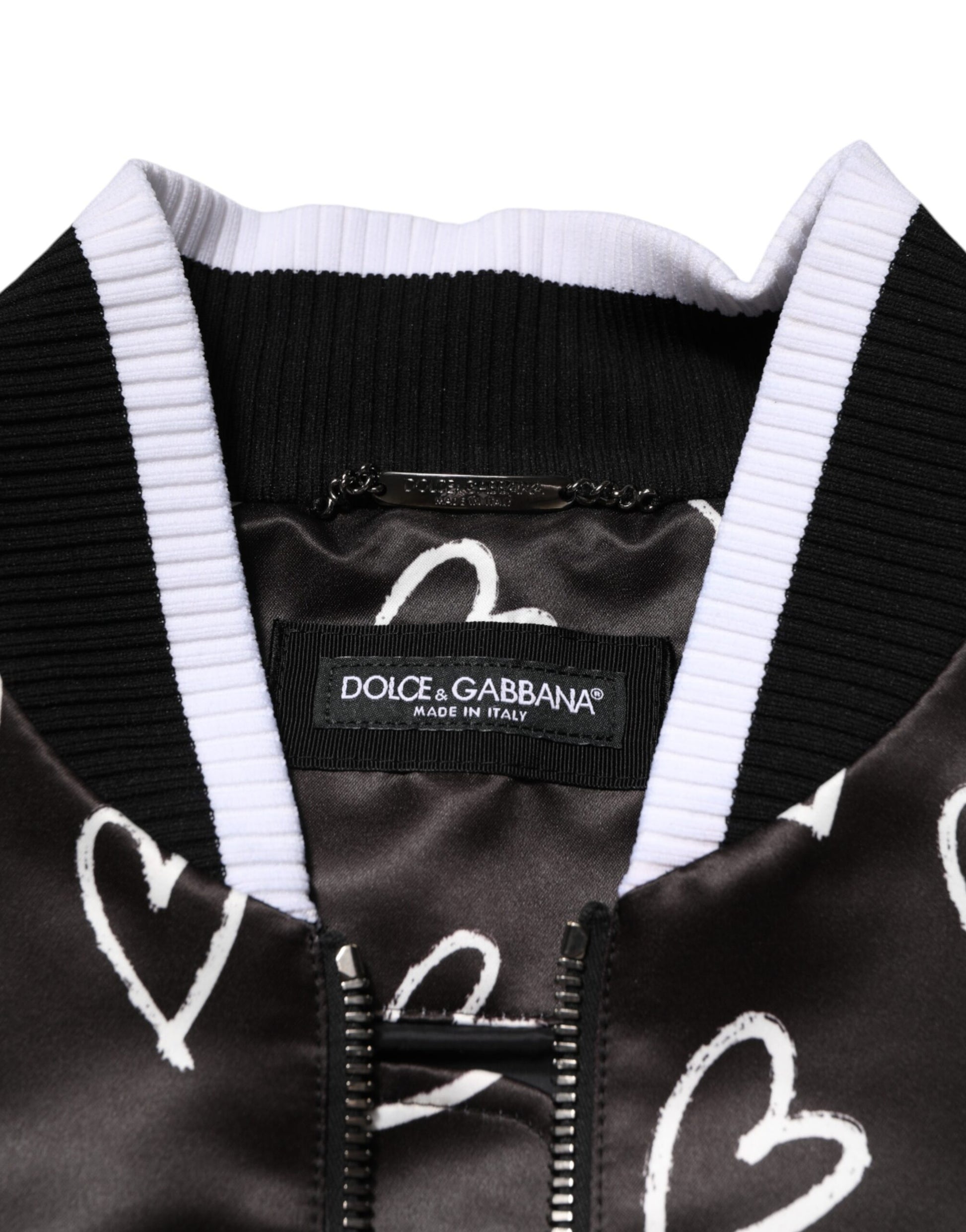 Black Polyester Heart Print Bomber Jacket