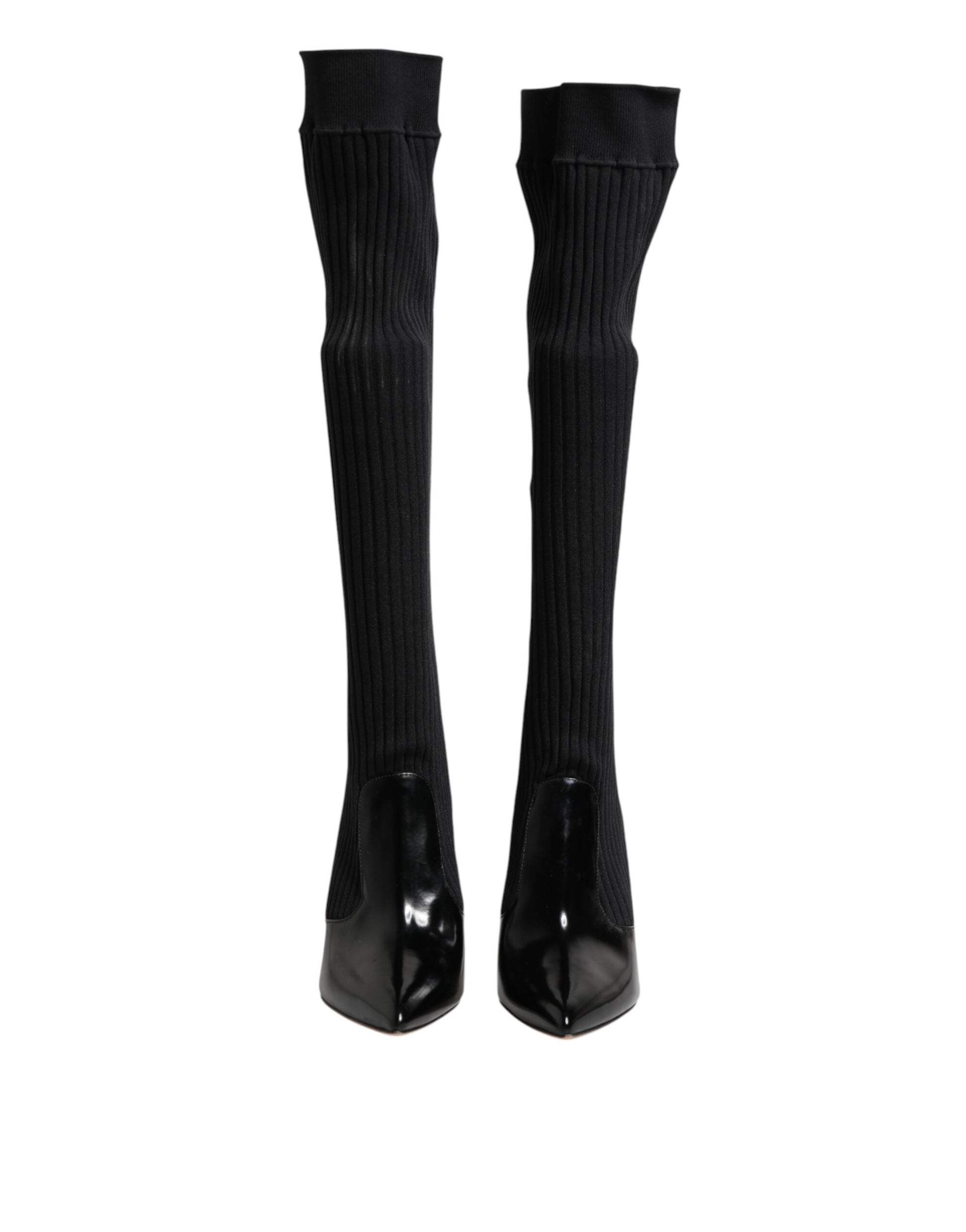 Black Leather Ribbed Knit Knee Boots Shoes