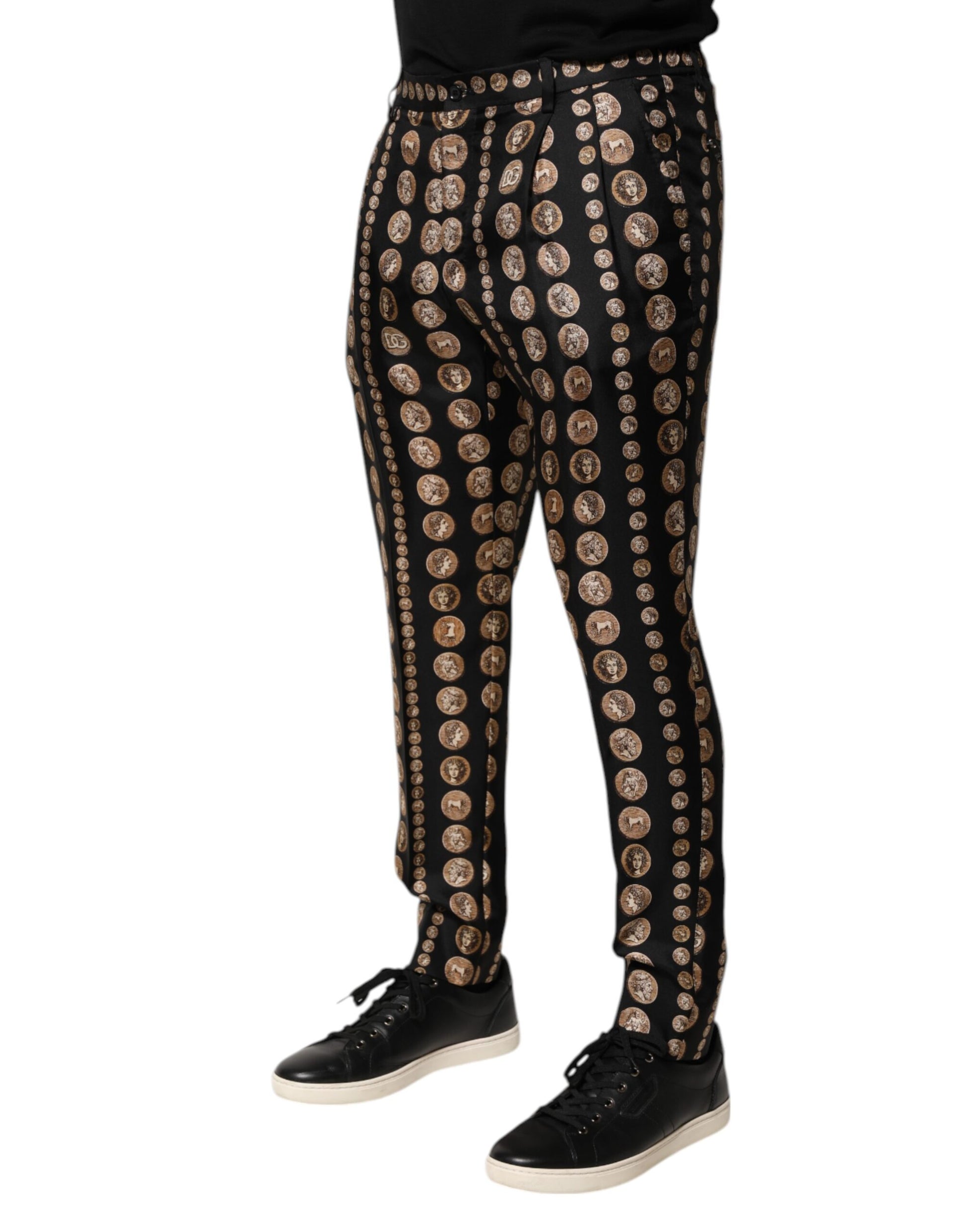 Black Coin Print Silk Skinny Men Trouser Pants