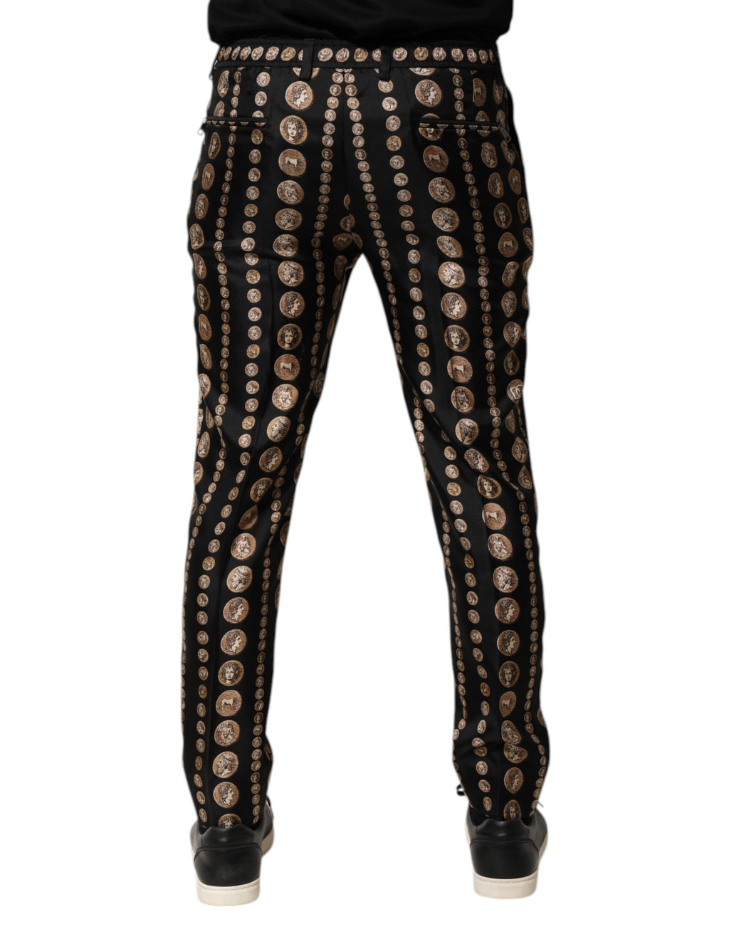 Black Coin Print Silk Skinny Men Trouser Pants
