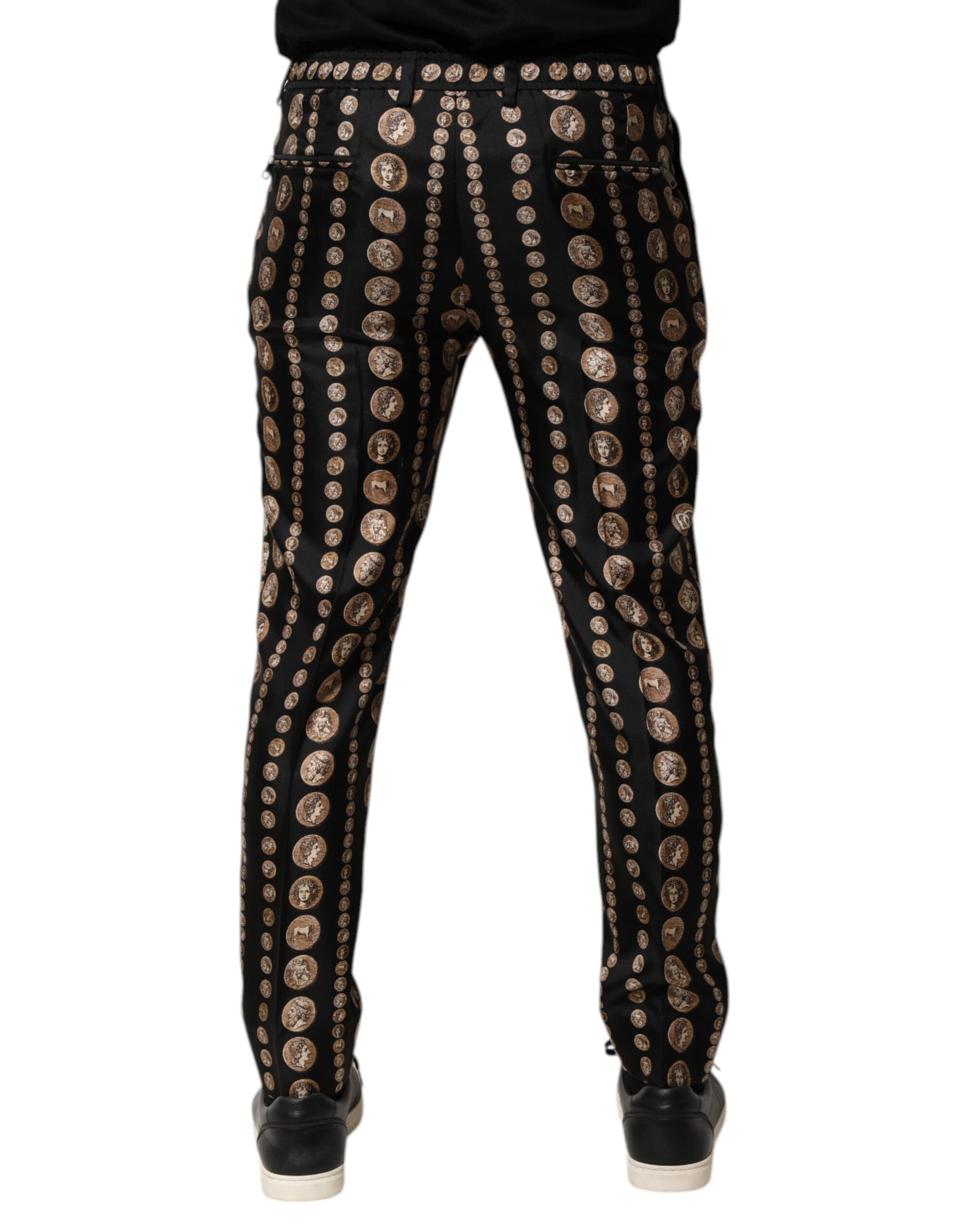 Black Coin Print Silk Skinny Men Trouser Pants