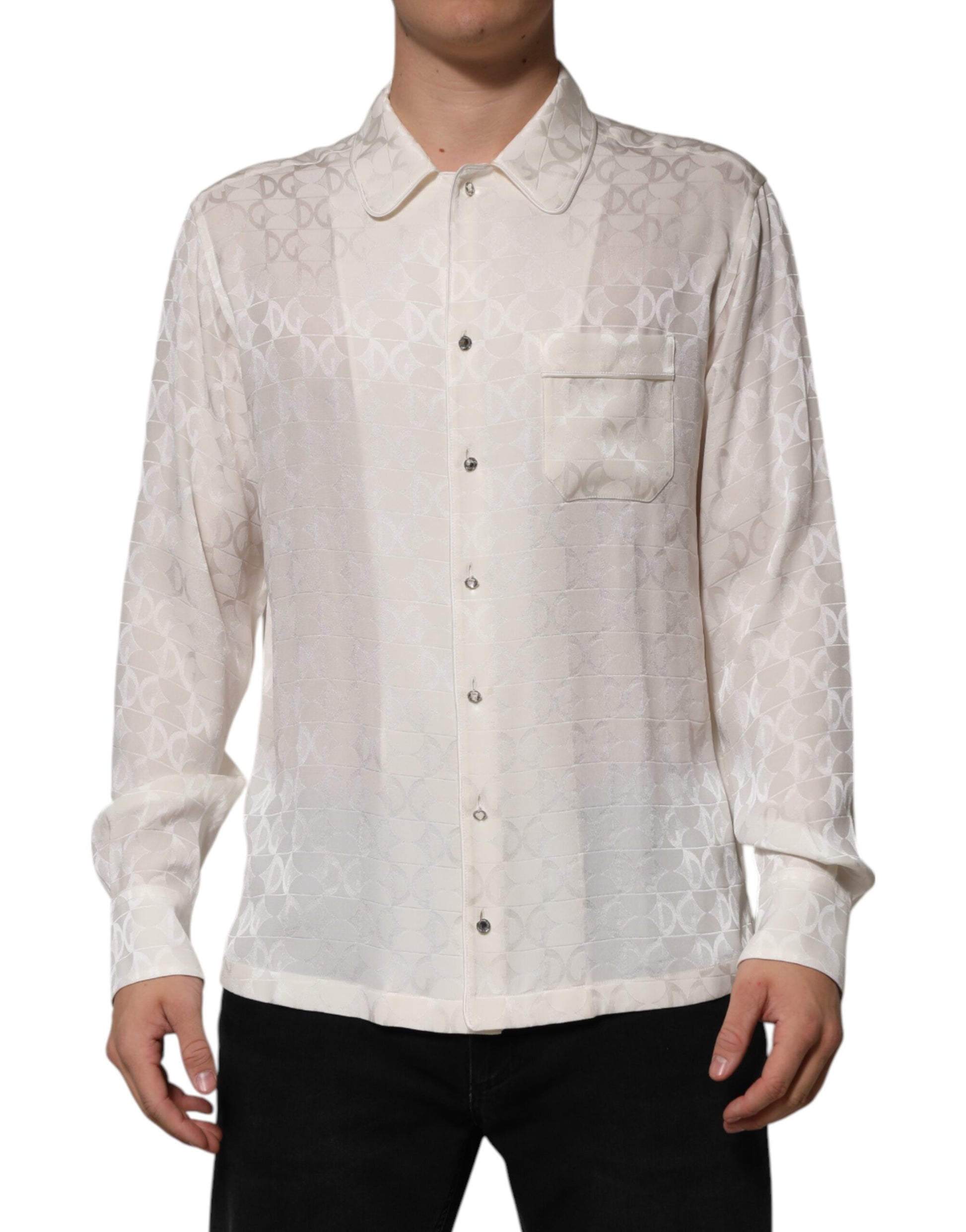 White Silk DG Logo Print Long Sleeves Shirt