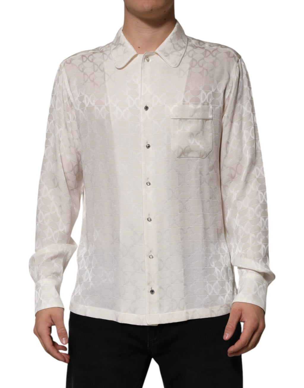 White Silk DG Logo Print Long Sleeves Shirt