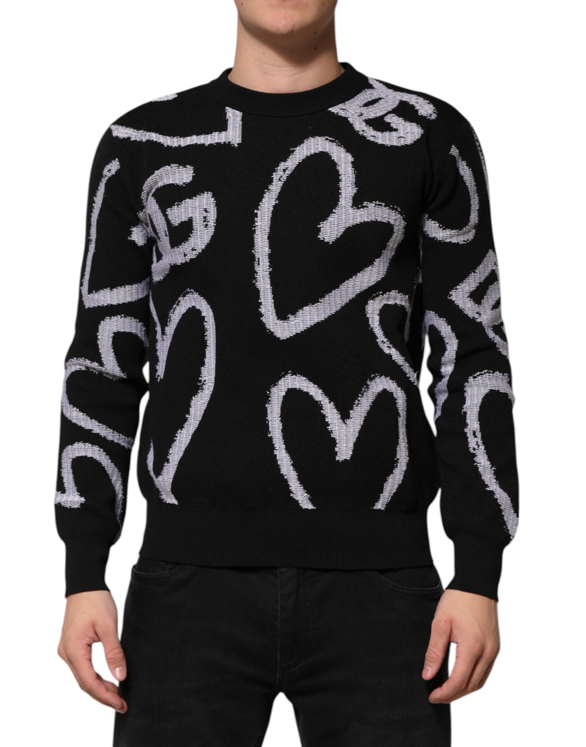 Black Nylon Wool Heart Print Pullover Sweater