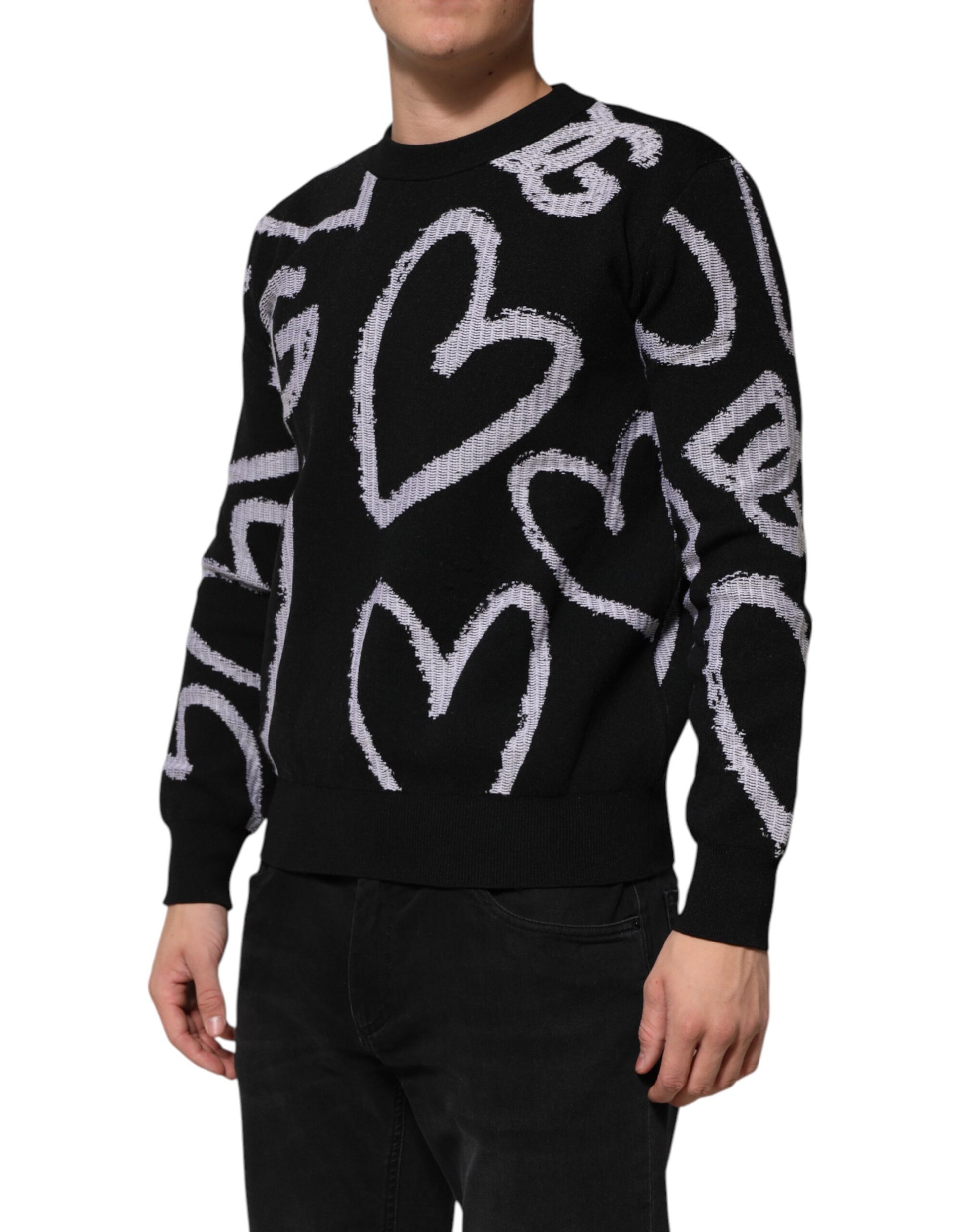 Black Nylon Wool Heart Print Pullover Sweater
