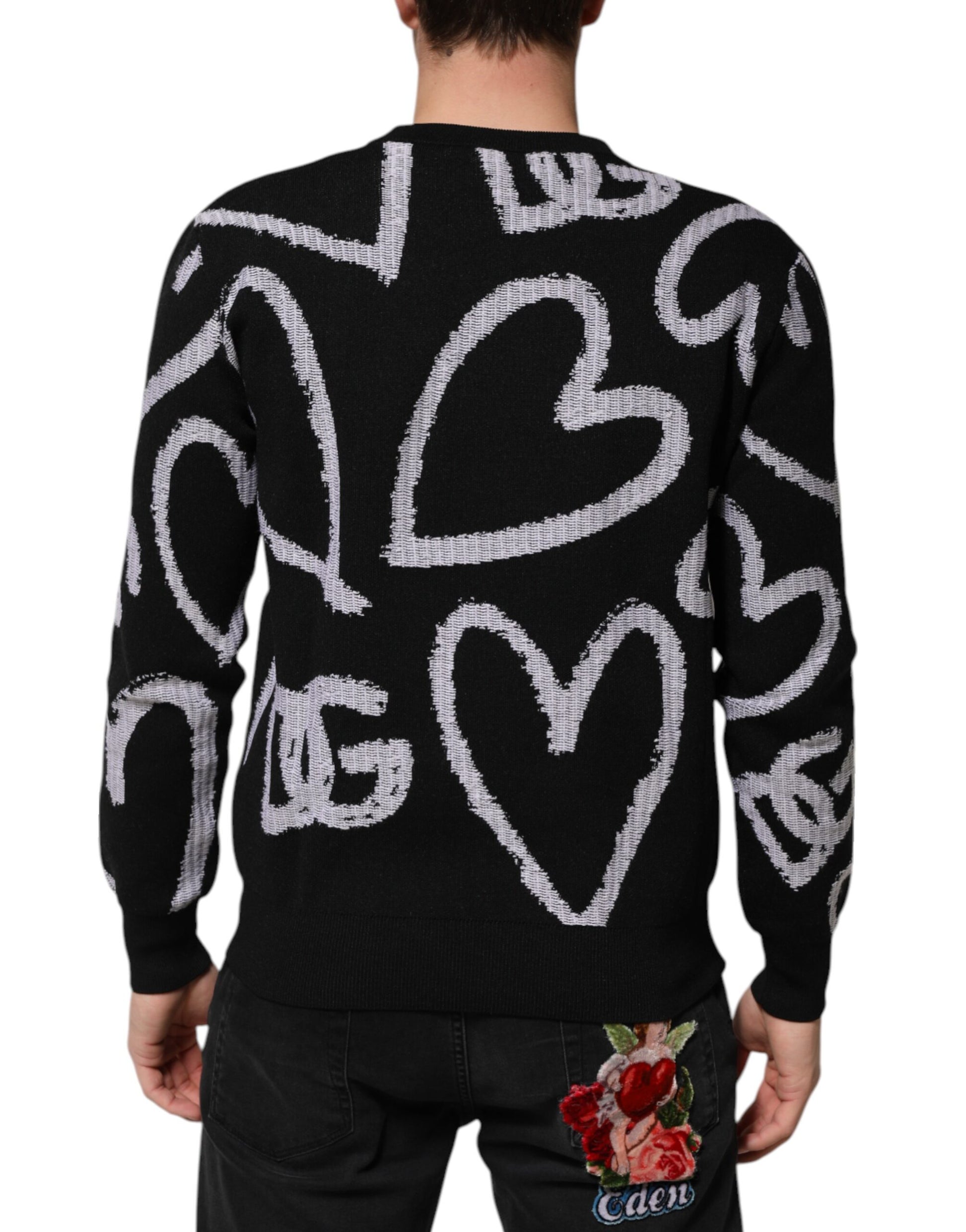 Black Nylon Wool Heart Print Pullover Sweater