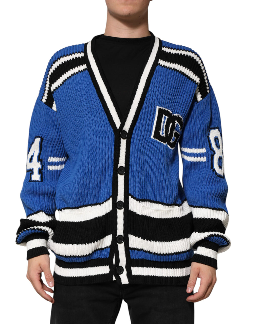 Blue Cotton Logo Patch Ribbed Knit Cardigan Sweater