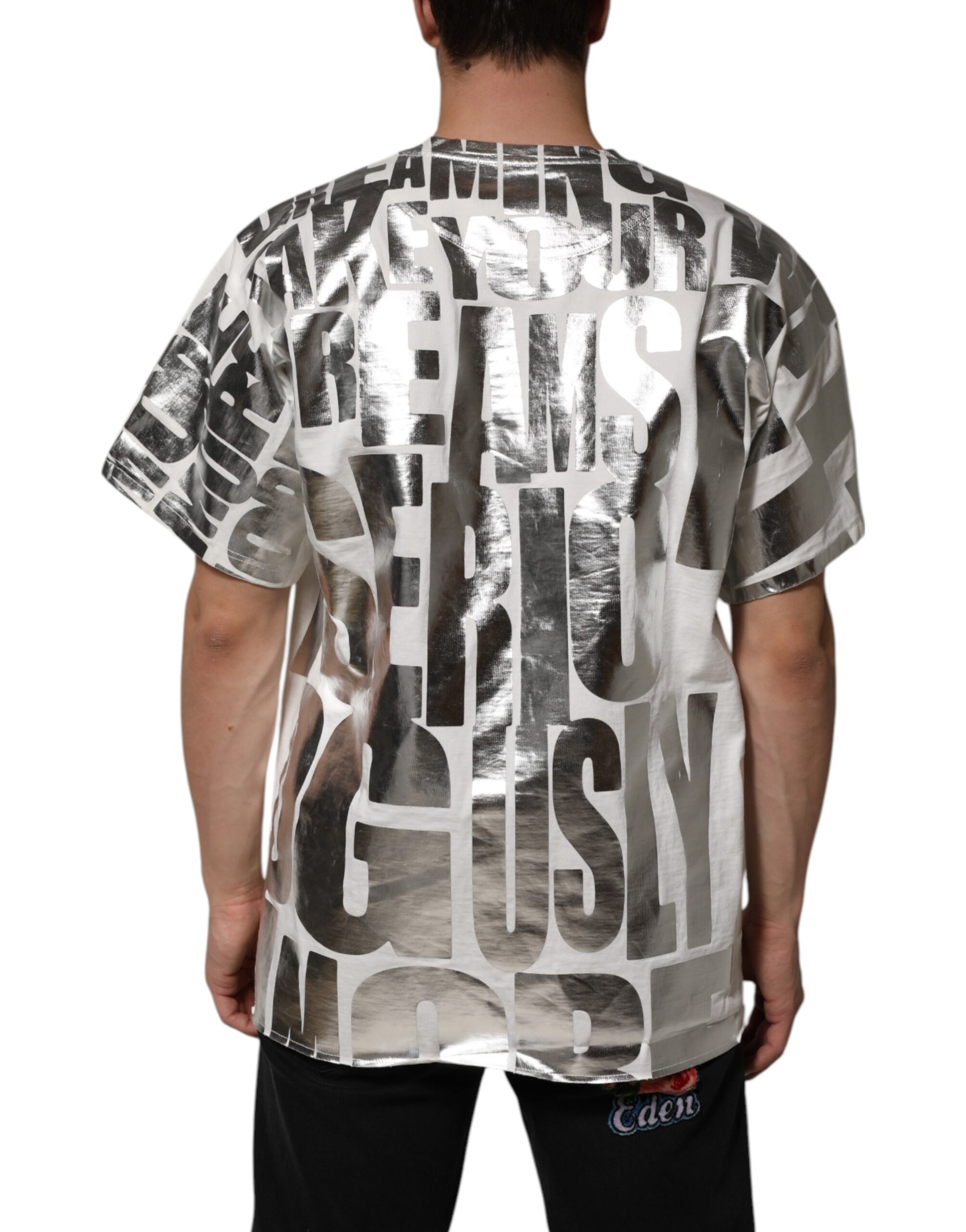 White Cotton Silver Metallic Slogan Print T-shirt