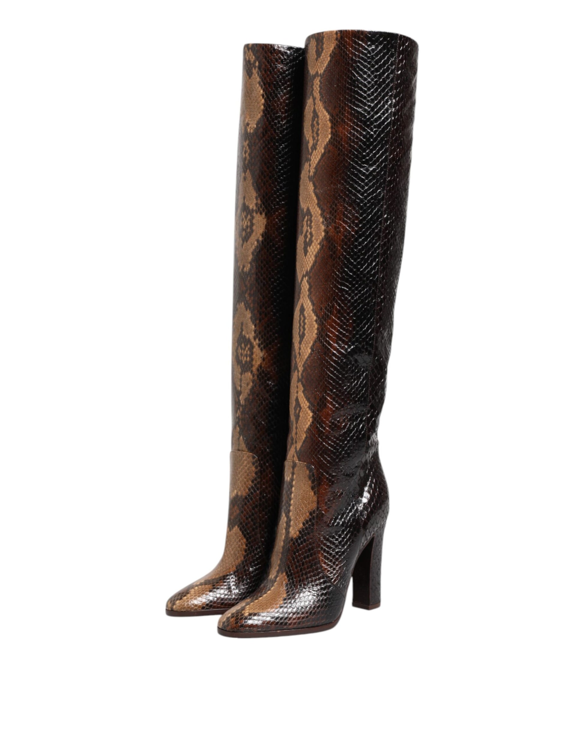 Brown Python Snakeskin Print Riding Boots Shoes