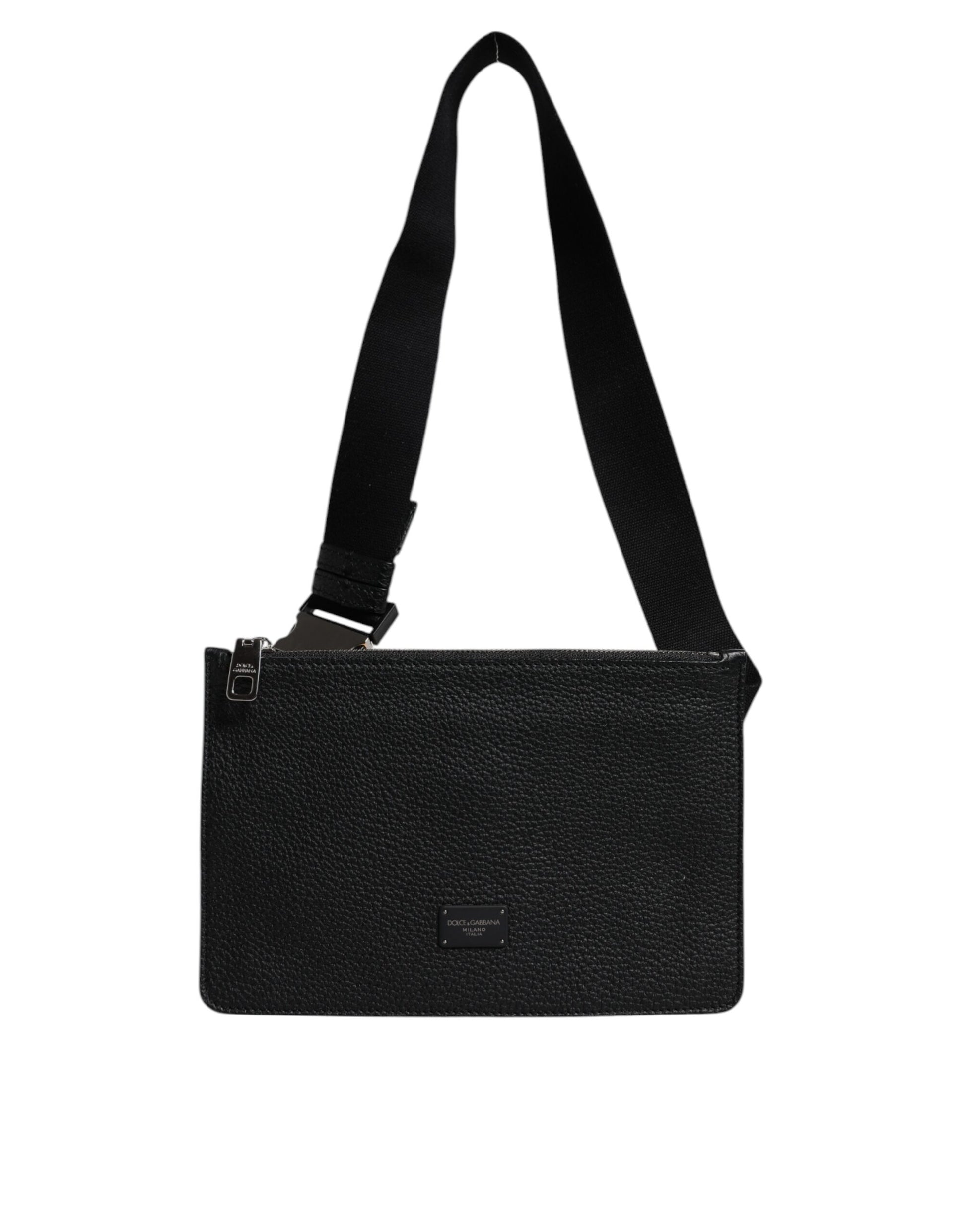 Black Leather Logo Embossed Waist Fanny Pack Bag