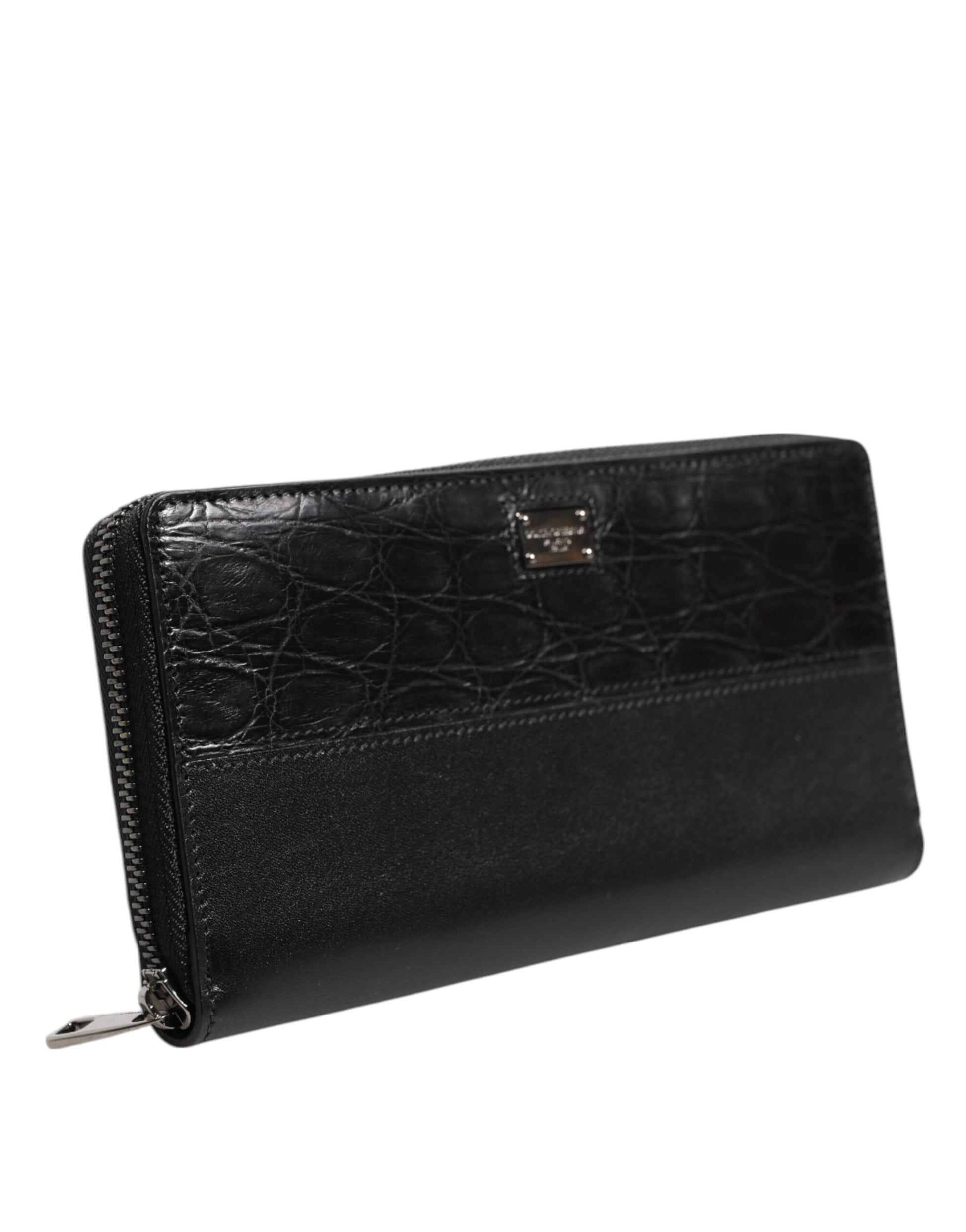 Black Leather DG Plaque Zip Around Continental Wallet