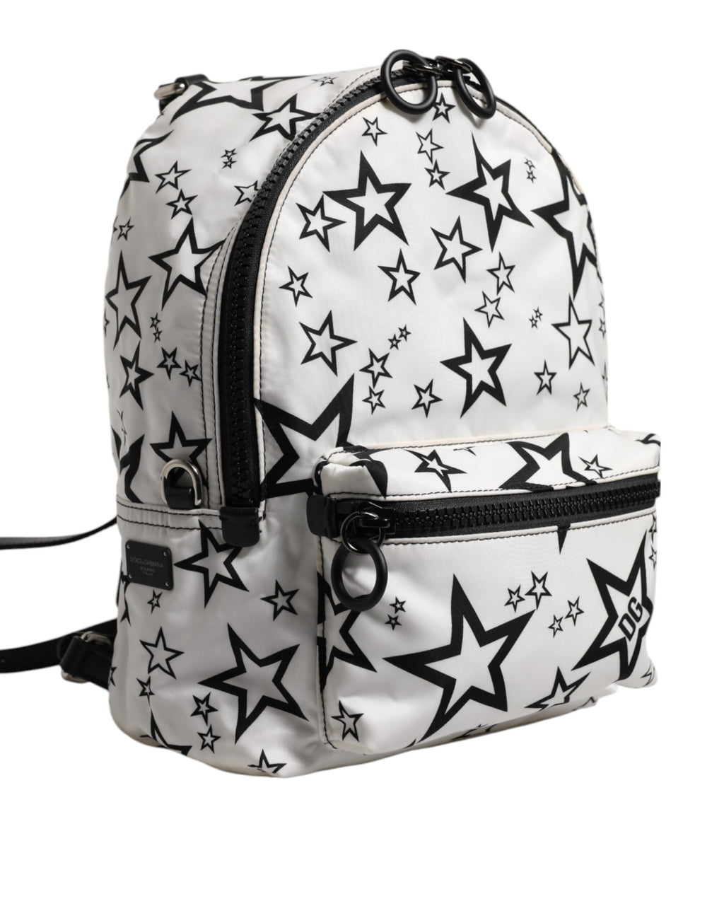 White DG Stars Print Nylon Travel Backpack Bag