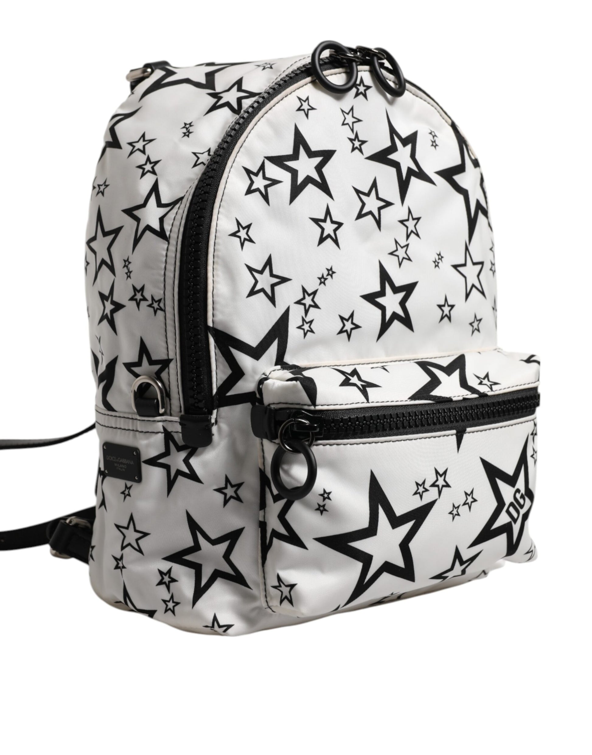 White DG Stars Print Nylon Travel Backpack Bag