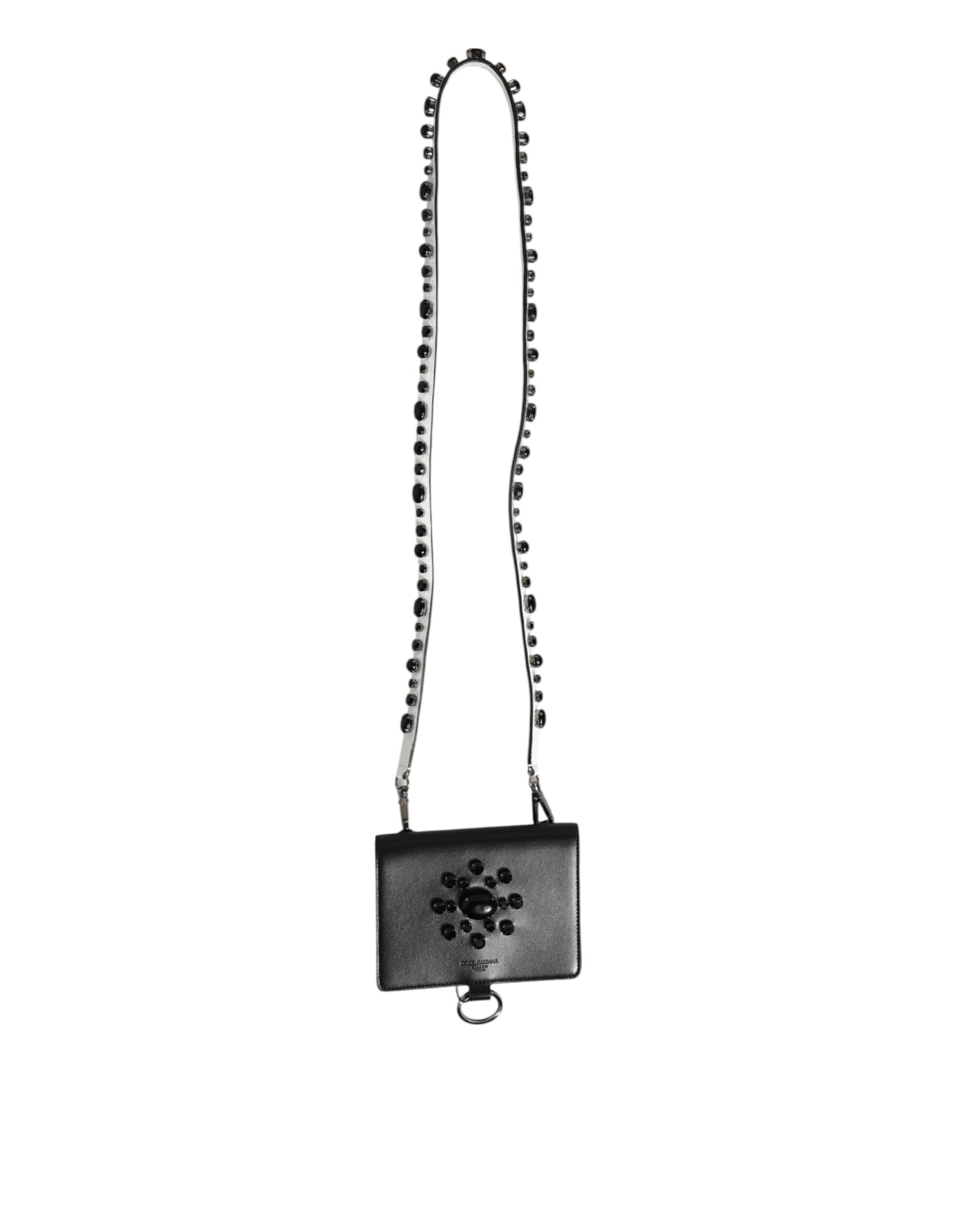 Black Leather Crystal Embellished Card Holder Wallet
