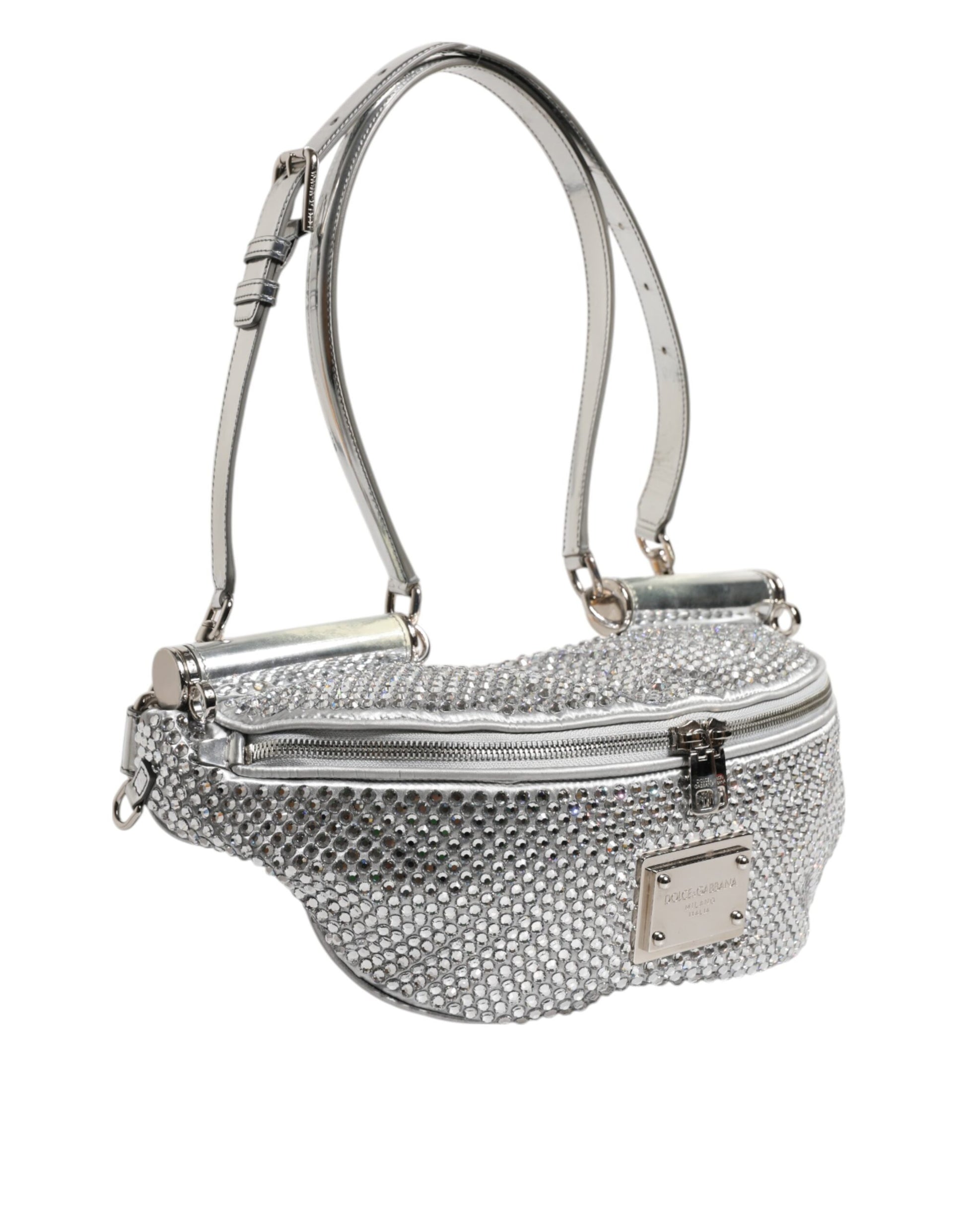 Silver Crystal-Embellished Belt Strap Bag