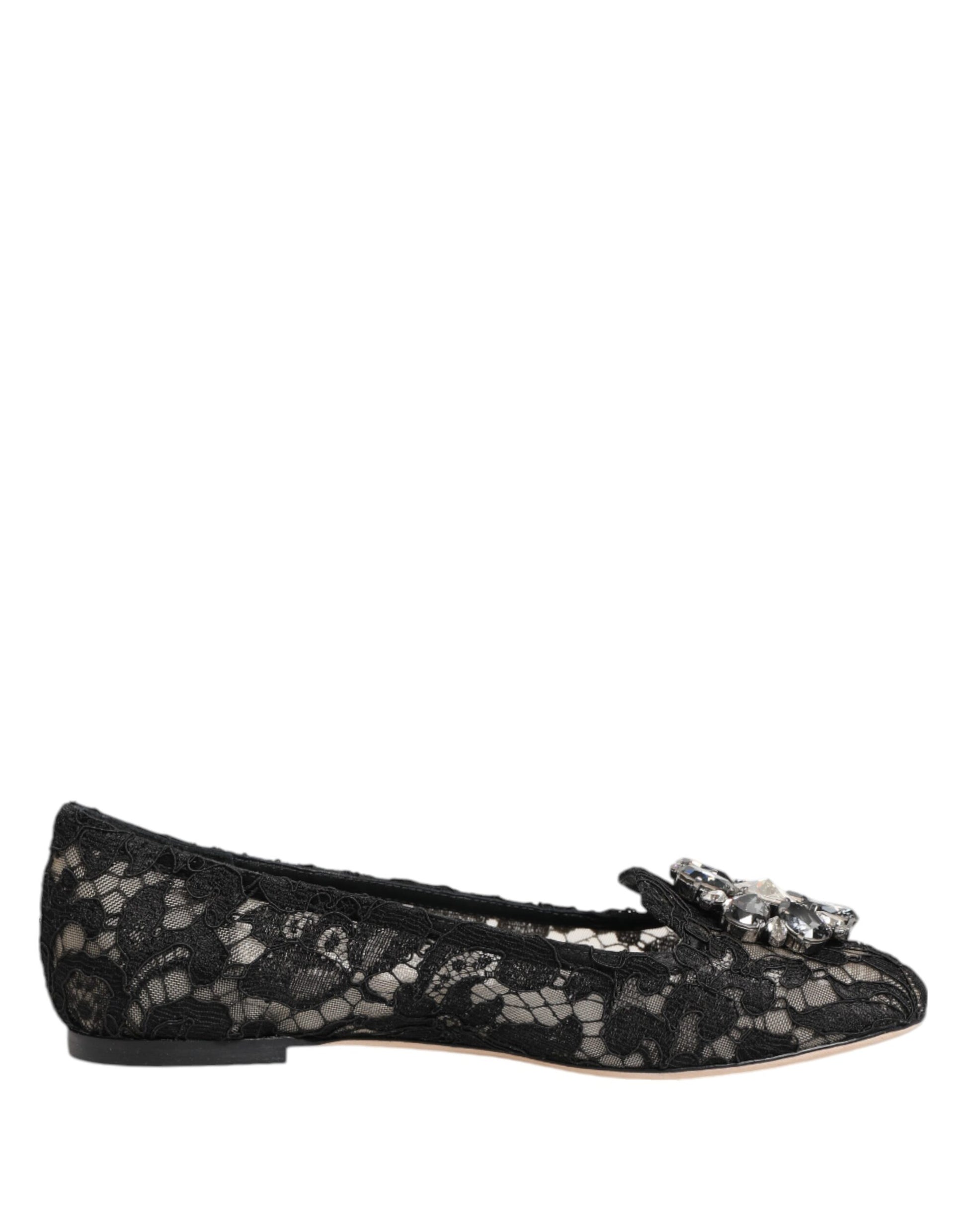 Black Taormina Lace Crystals Flats Shoes