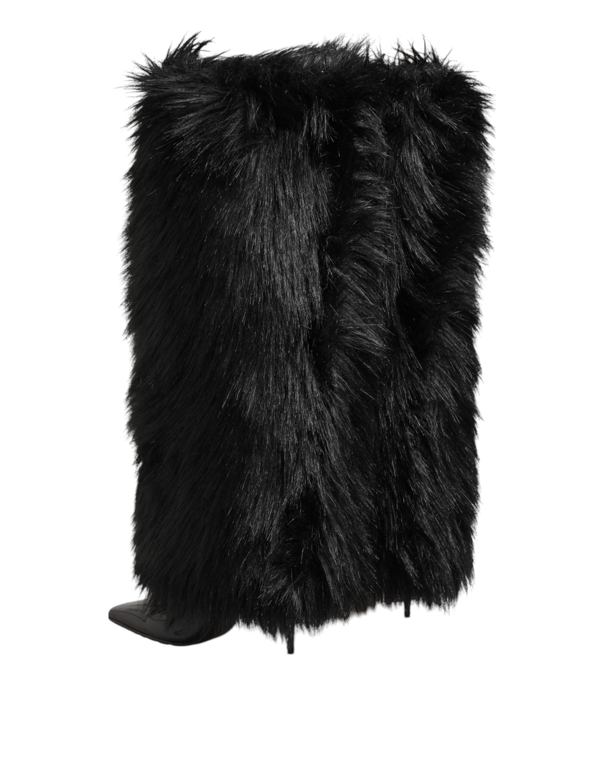 Black Faux Fur Pointed Knee High Stiletto Boots Shoes