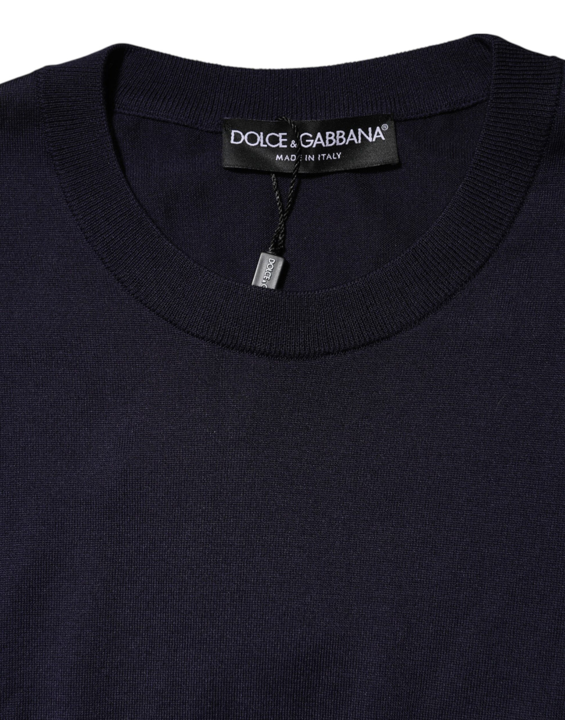 Dark Blue Silk Crew Neck Short Sleeves T-shirt
